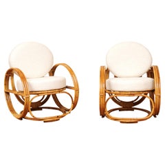 Fabulous Restored Pair of "Circles" Rattan and Cane Loungers, France, circa 1950
