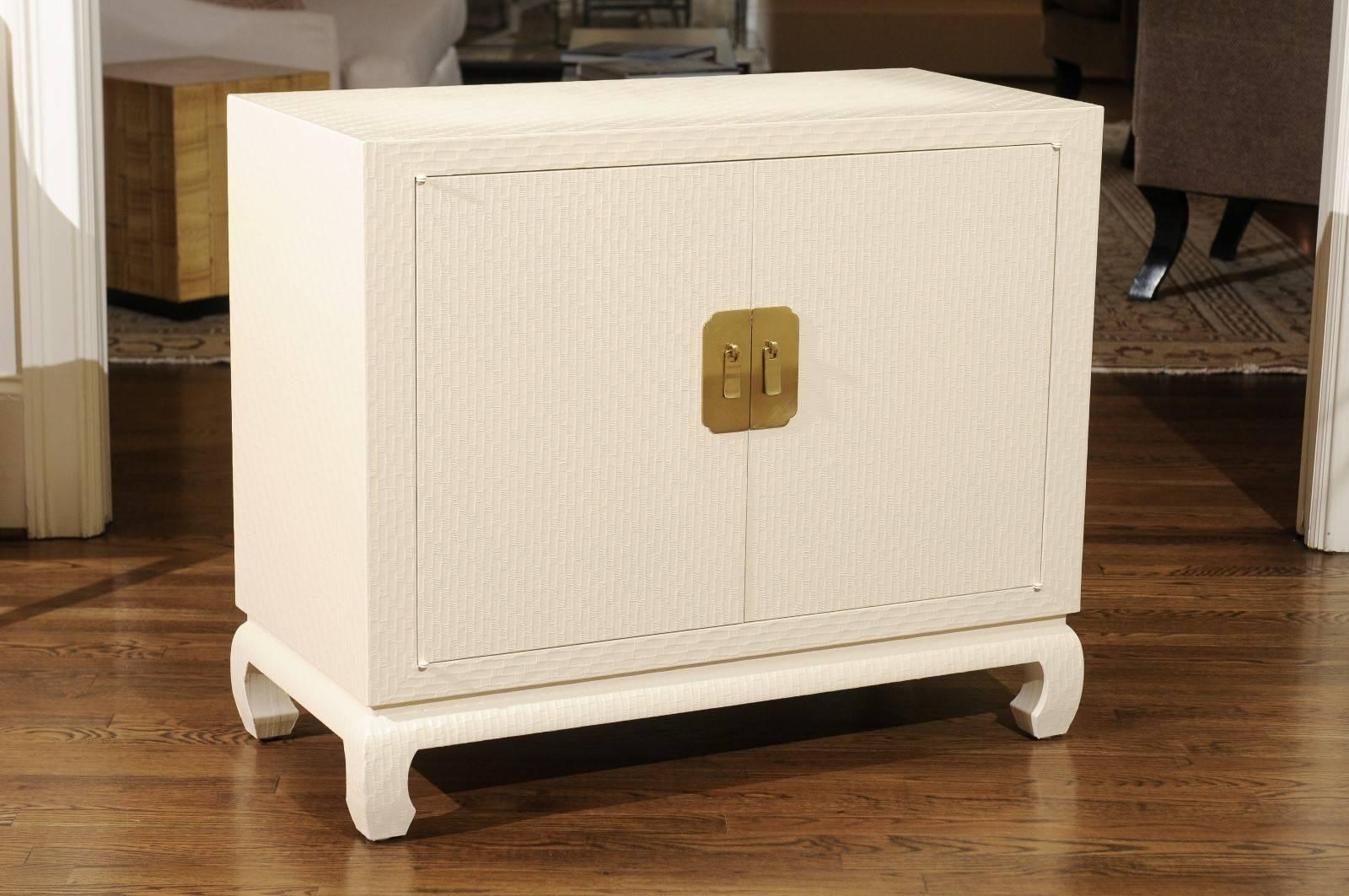 Mid-Century Modern Fabulous Restored Pair of Cream Raffia Cabinets by Baker, circa 1975 For Sale