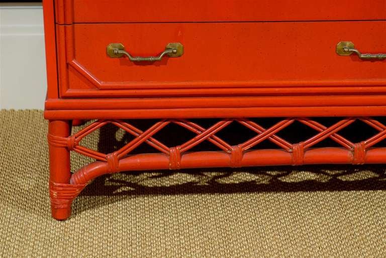 Mid-Century Modern Fabulous Restored Vintage Ficks Reed Chest in Chinese Red Lacquer, circa 1970 For Sale