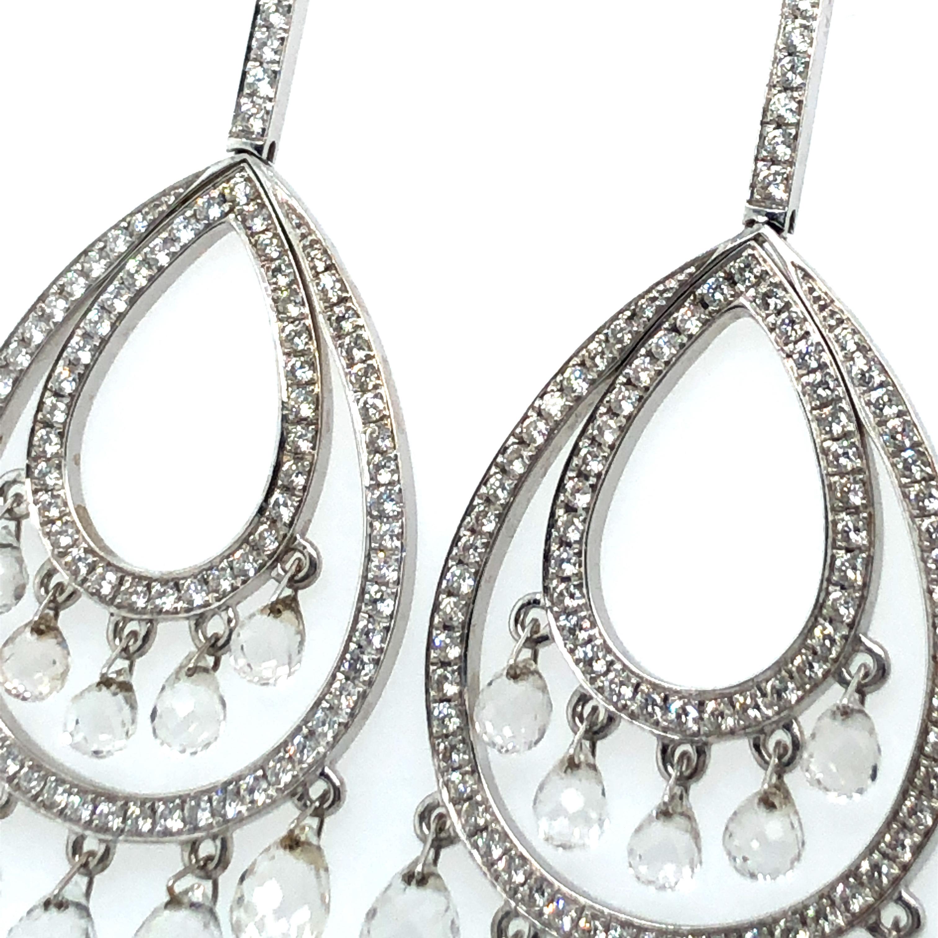 Briolette Cut Fabulous Rock Crystal and Diamond Pendant Earrings in 18 Karat White Gold For Sale