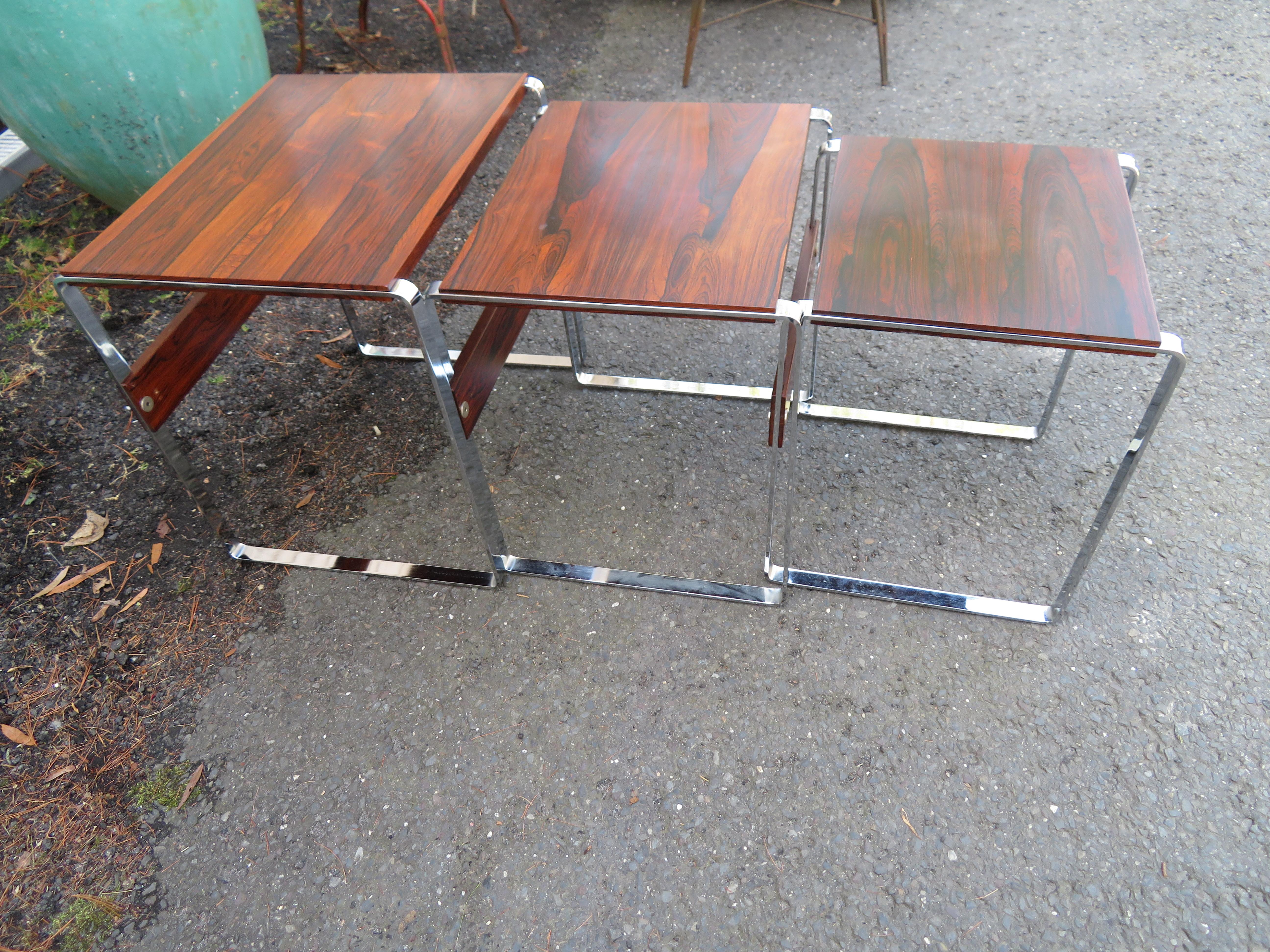 Fabulous Rosewood Chrome Nesting Stacking Tables Richard Young Mid-Century For Sale 7