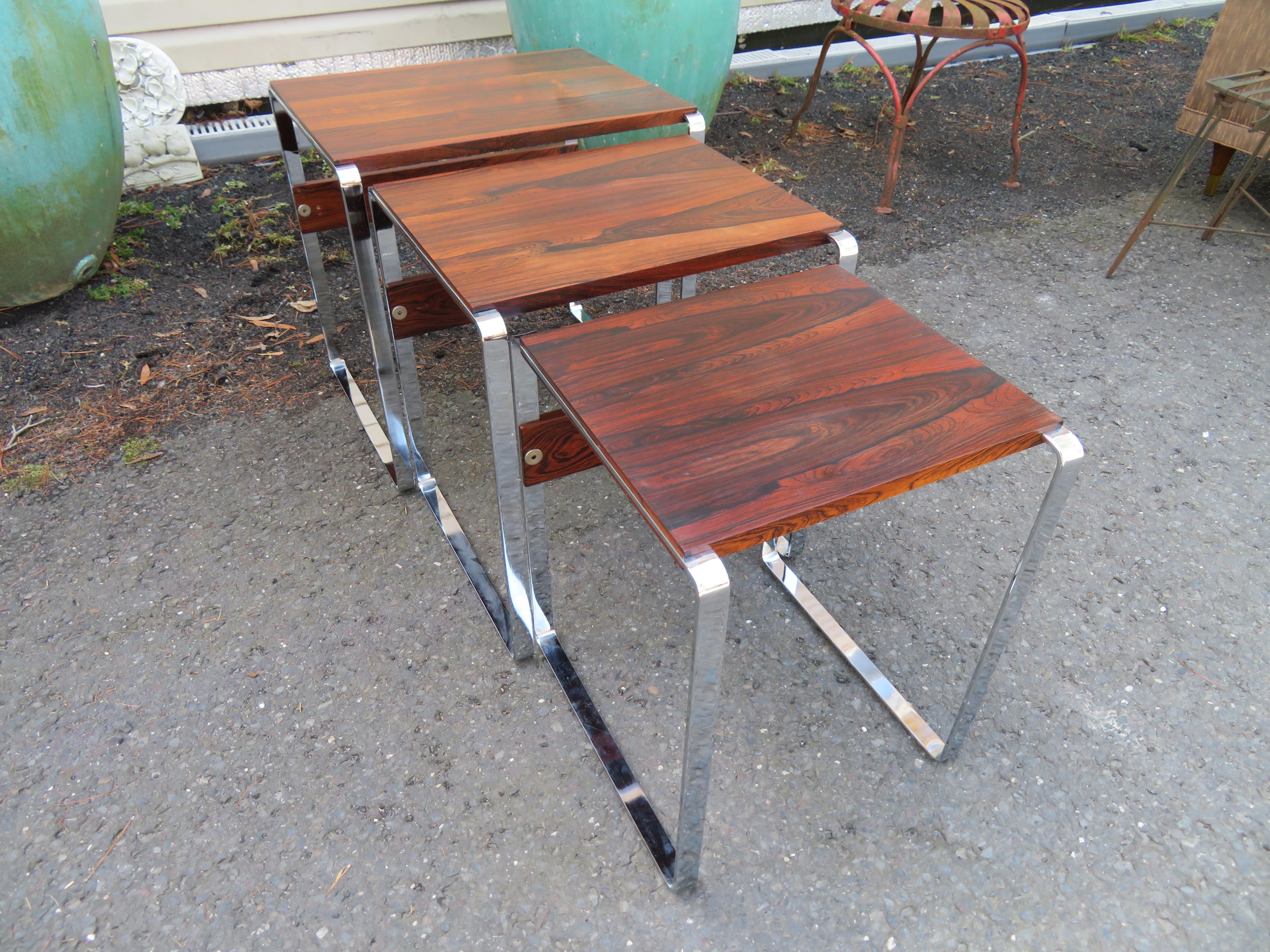 Fabulous Rosewood Chrome Nesting Stacking Tables Richard Young Mid-Century For Sale 8