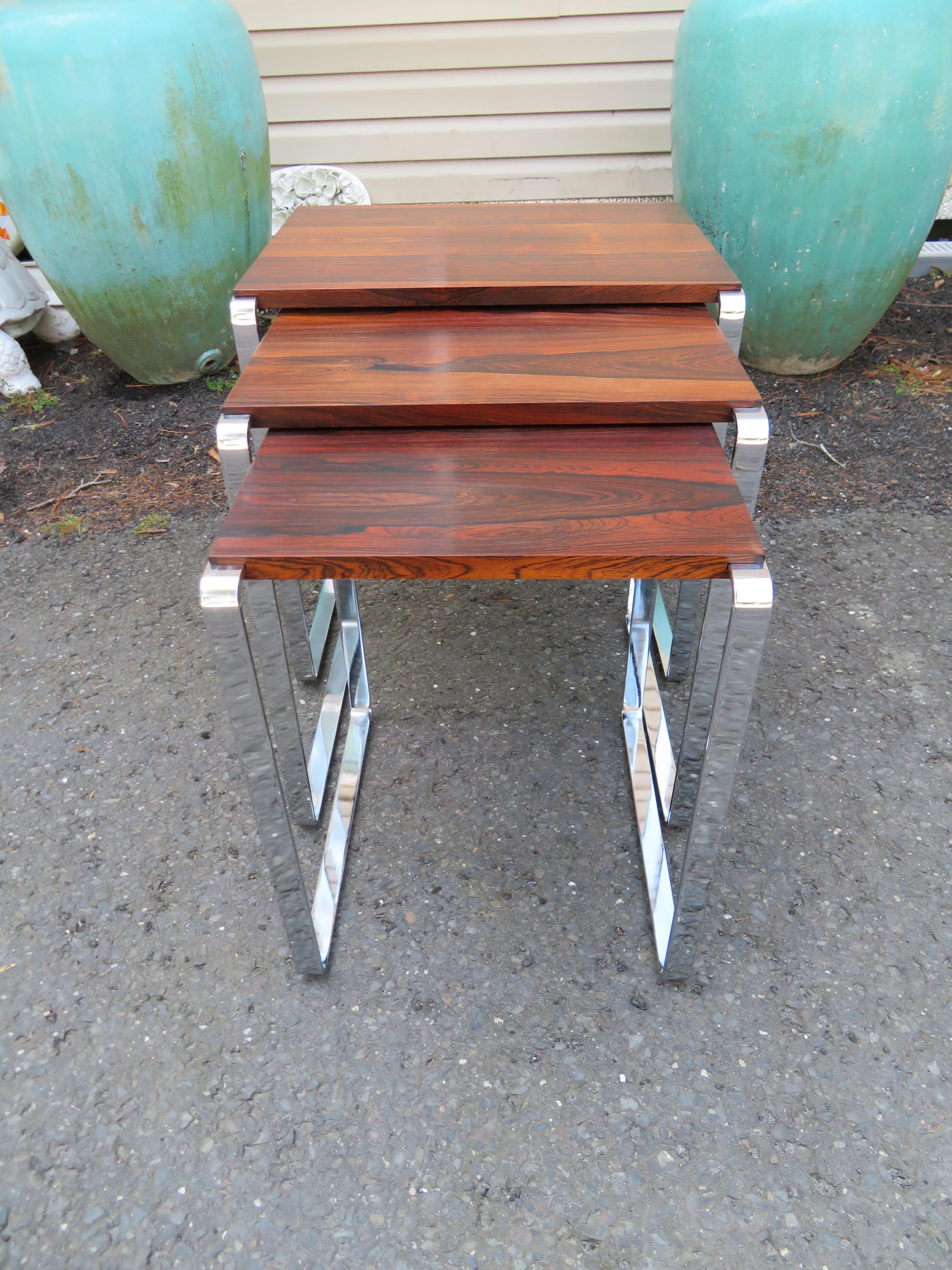 British Fabulous Rosewood Chrome Nesting Stacking Tables Richard Young Mid-Century For Sale