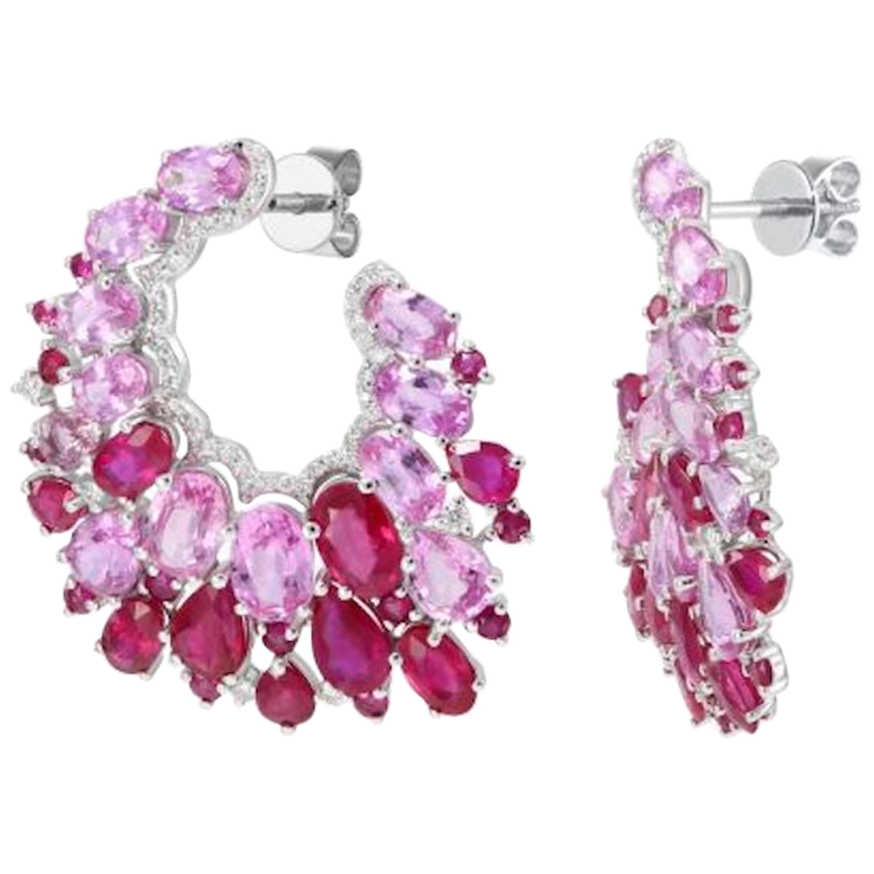 Fabulous Ruby Pink Sapphire White Gold Diamond Dangle Stud Earrings for Her
