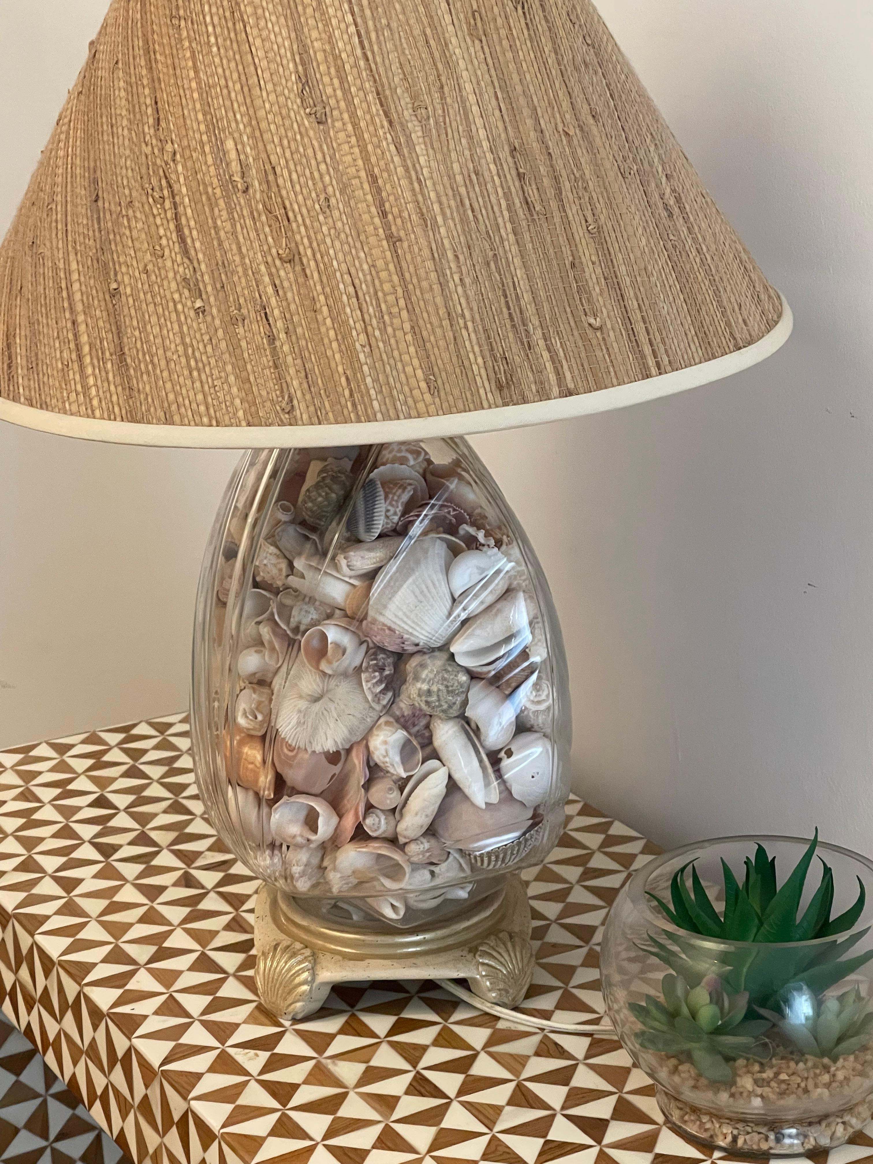 Fabulous Sea Shell Crystal Lamp Grasscloth Shade Moderno orgánico en venta
