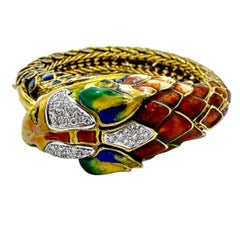 Fabulous Serpent Motif 18K Gold, Enamel and Diamond Flexible Cuff Bracelet