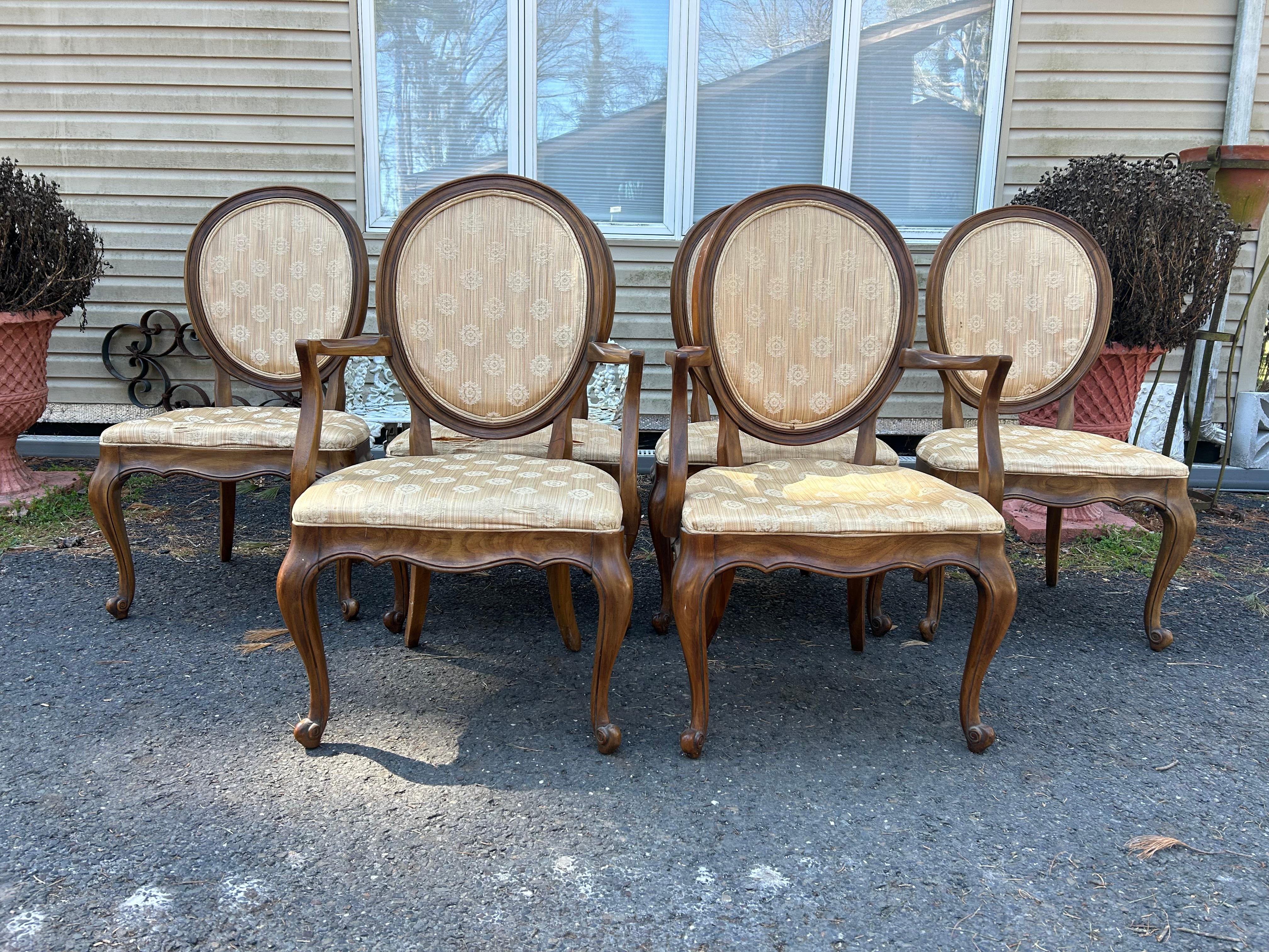 Fabulous set of 6 balloon back cabriole leg dining chairs.  Not sure who made these but they are extremely well crafted and built to last.  The upholstery is worn but the frames are tight and sturdy and made to last several lifetimes.  We love the