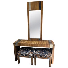 Fabuloso conjunto al estilo de Milo Baughman: consola, espejo, par de taburetes, estilo Mid-Century Modern