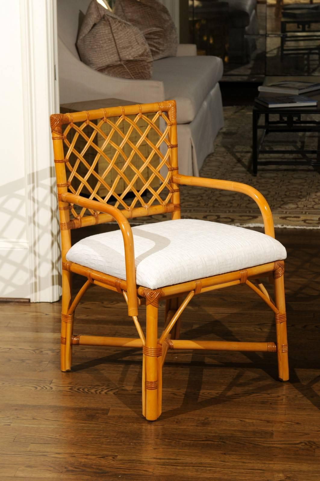 American Fabulous Set of 8 Rattan and Cane Dining Chairs by Bielecky Brothers, circa 1975