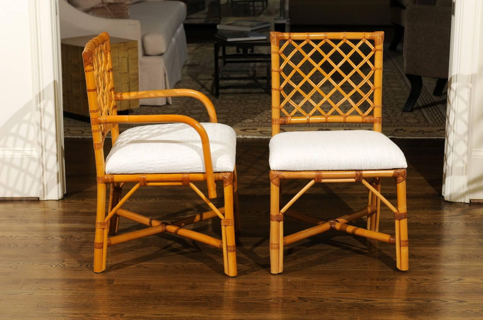 Fabulous Set of 8 Rattan and Cane Dining Chairs by Bielecky Brothers, circa 1975 In Excellent Condition In Atlanta, GA