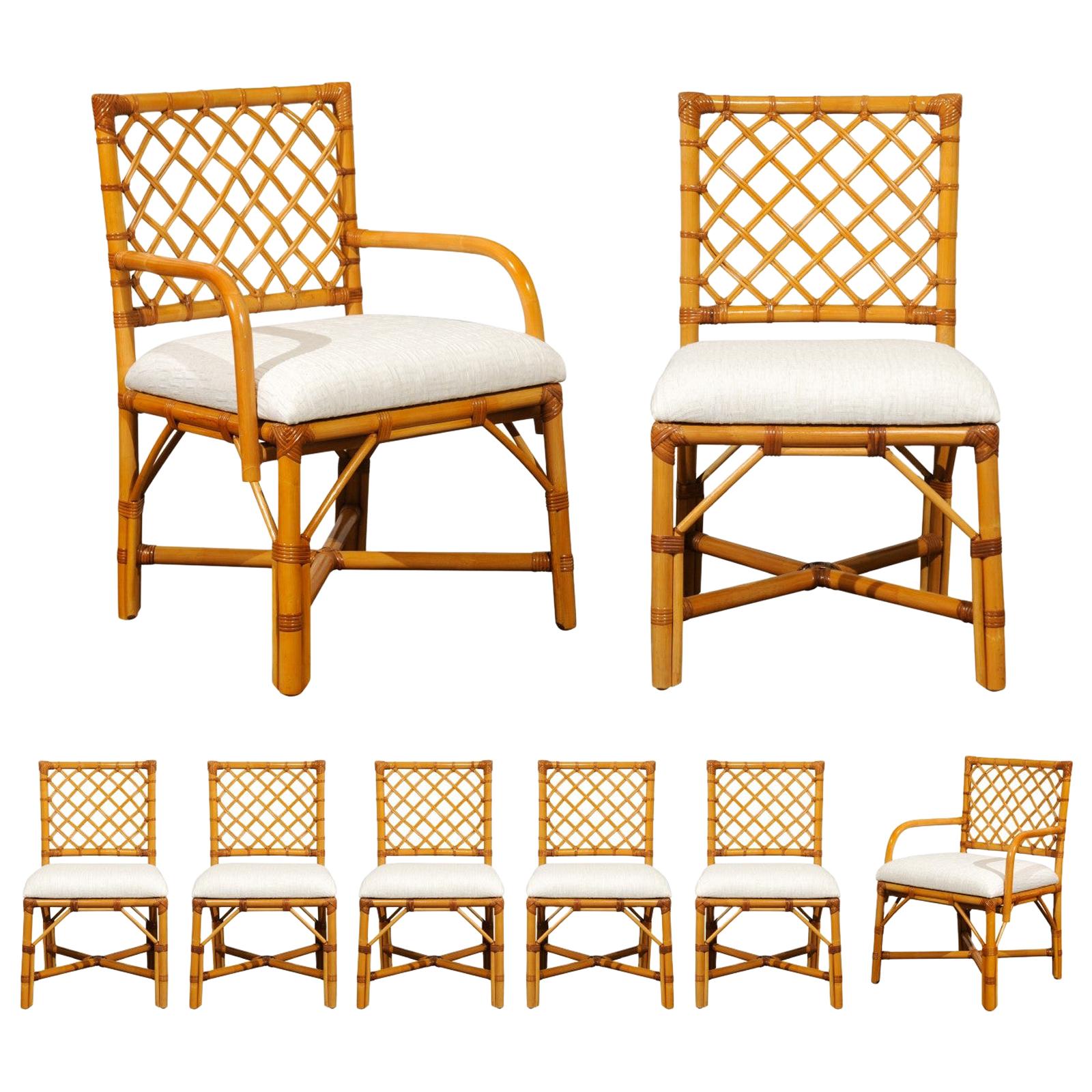 Fabulous Set of 8 Rattan and Cane Dining Chairs by Bielecky Brothers, circa 1975