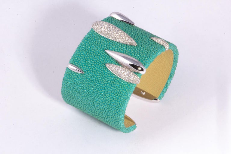 Wonderful Bright Turquoise And Diamond Cuff Bracelet with 2.07 carats white diamonds-Signed de Grisogono