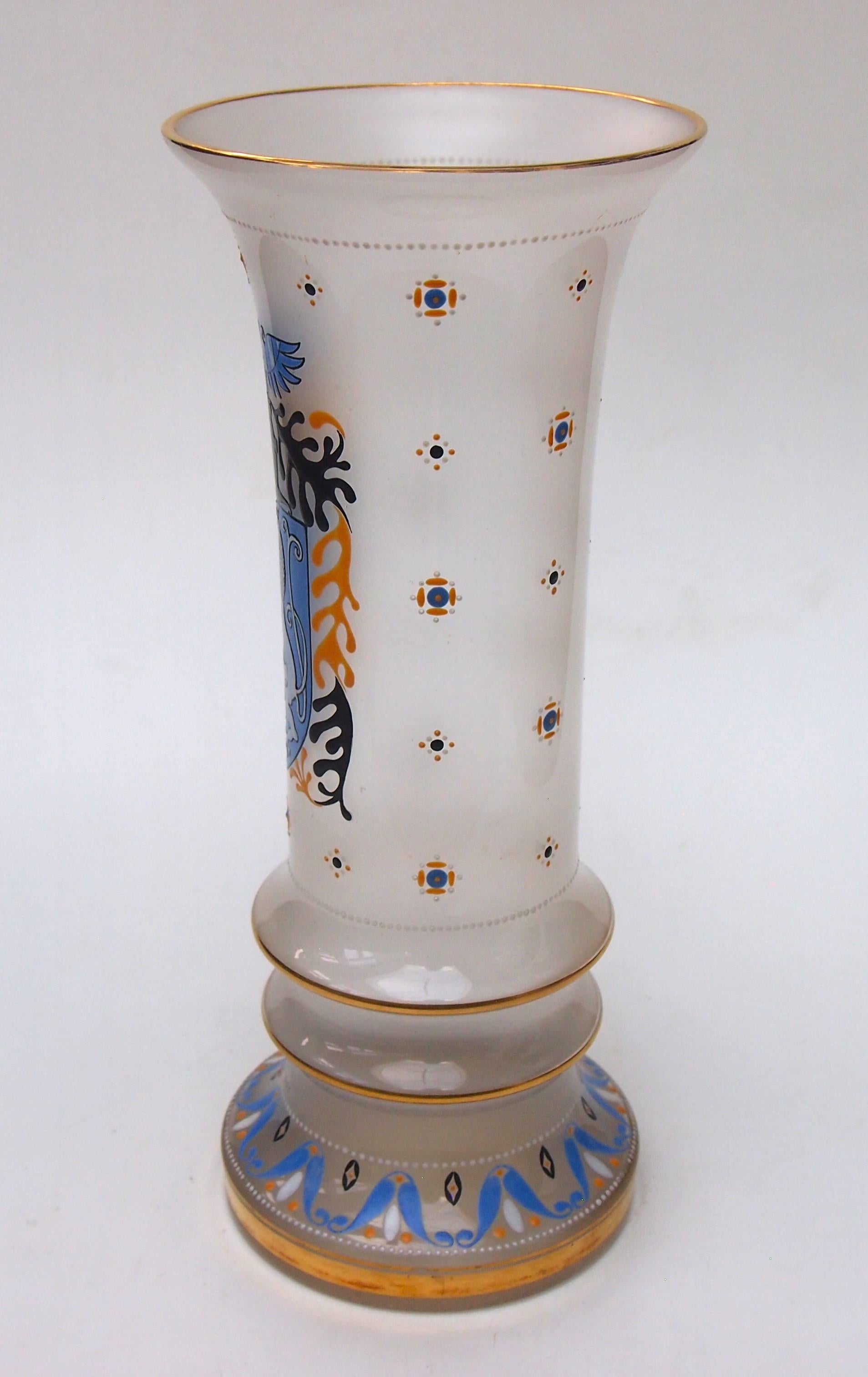 Signed Steinschönau armorial glass, milk glass effect vase with finely enamelled floral décor, depicting the arms of the local regional capital Decin -an important town in then Bohemia, close to the German border - The shield depicts a stylised lion