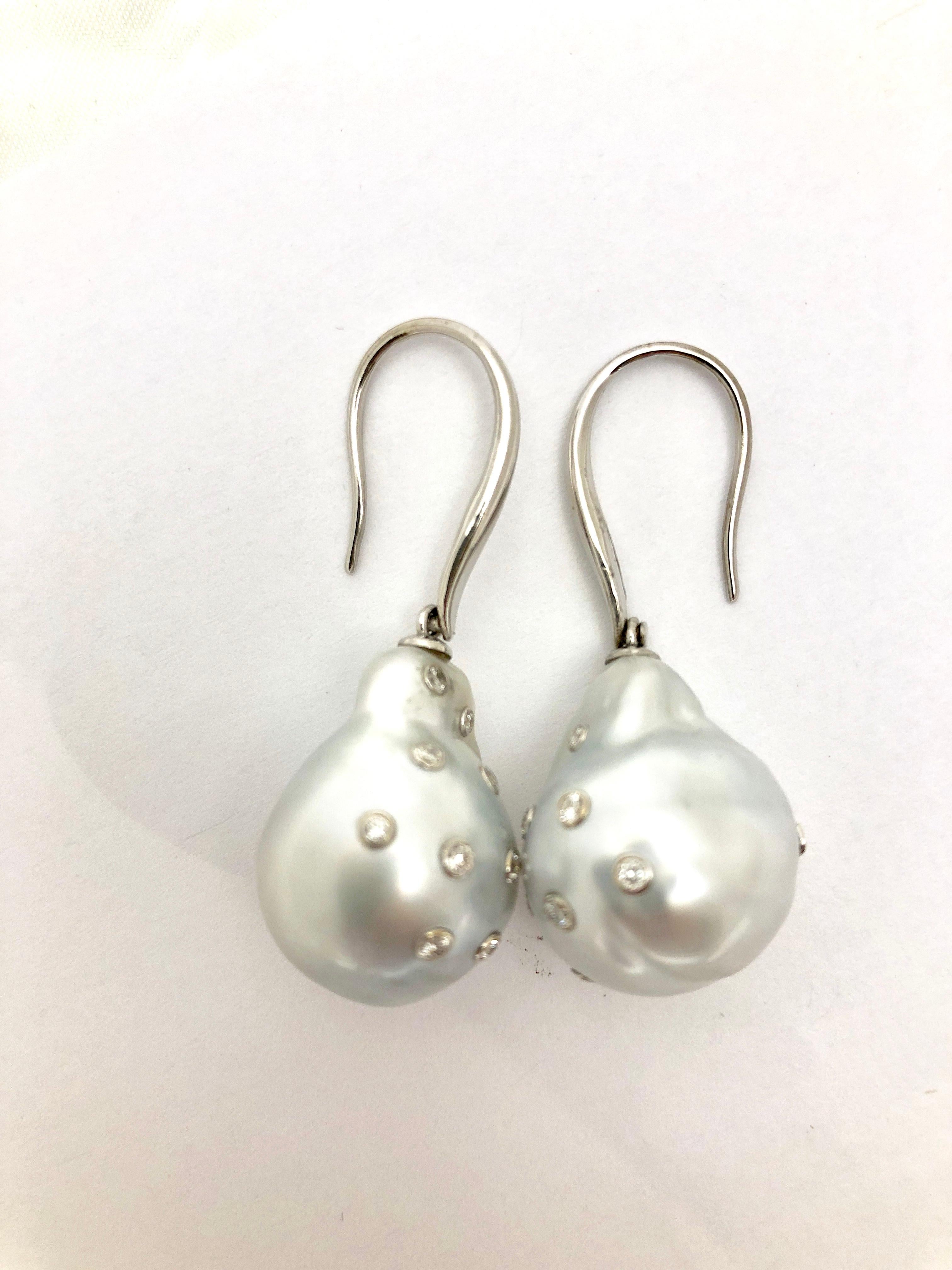 Round Cut Fabulous South Sea Baroque Pearl and Diamond Earrings