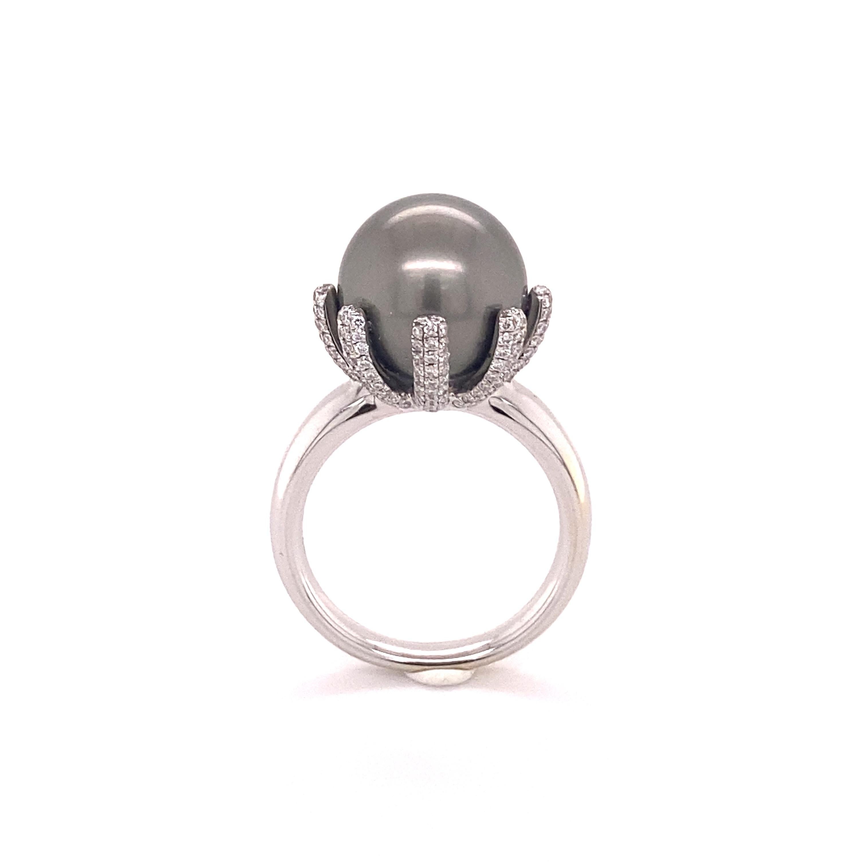 Men's Fabulous Tahitian Pearl and Diamond Ring in White Gold For Sale