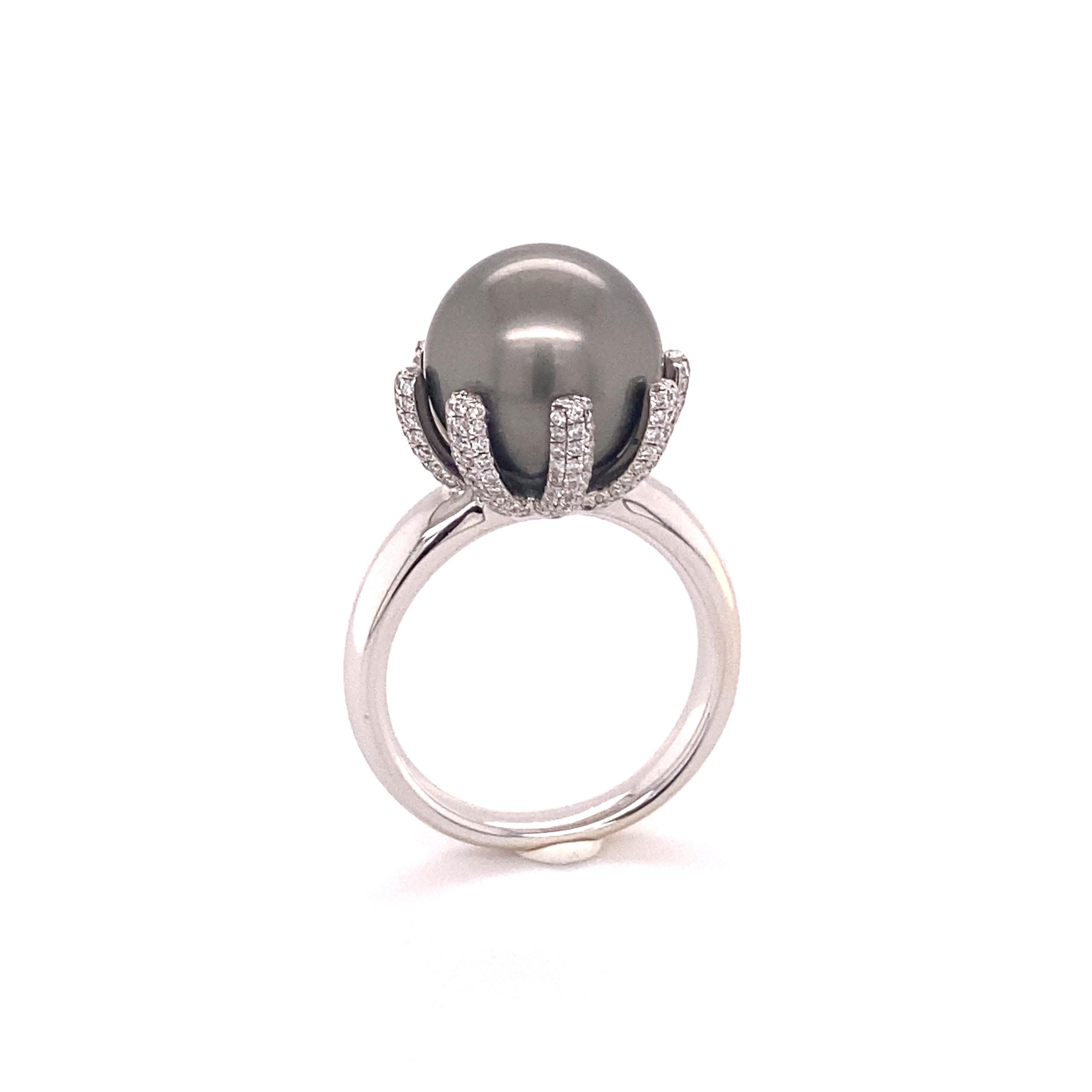 Fabulous Tahitian Pearl and Diamond Ring in White Gold For Sale 1