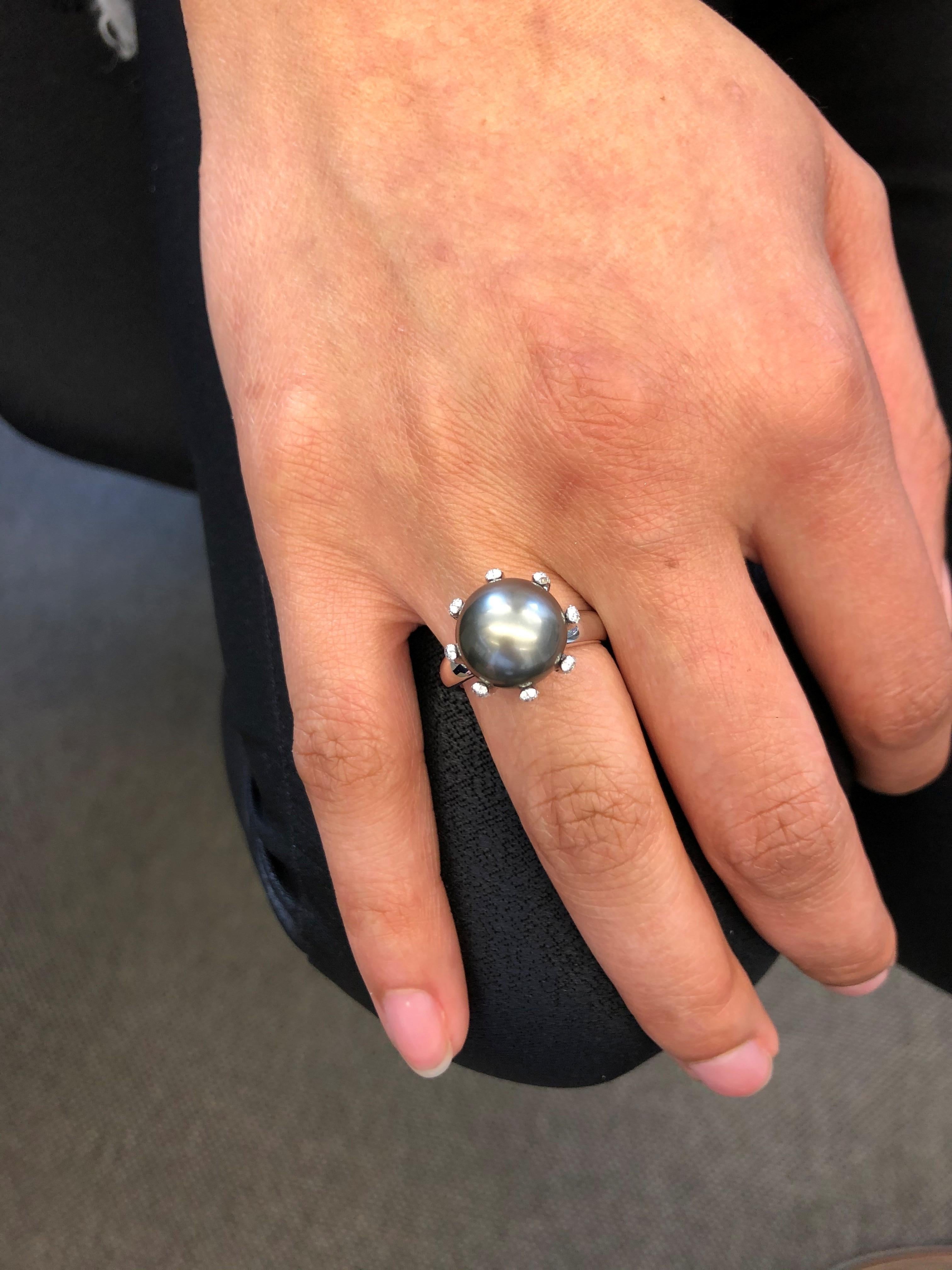 Fabulous Tahitian Pearl and Diamond Ring in White Gold For Sale 3