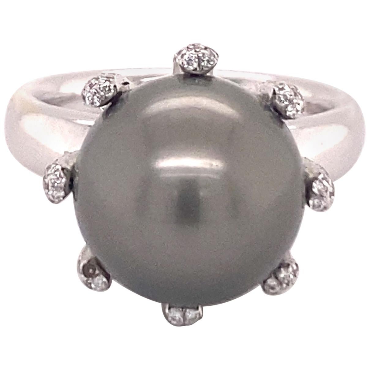 Fabulous Tahitian Pearl and Diamond Ring in White Gold For Sale