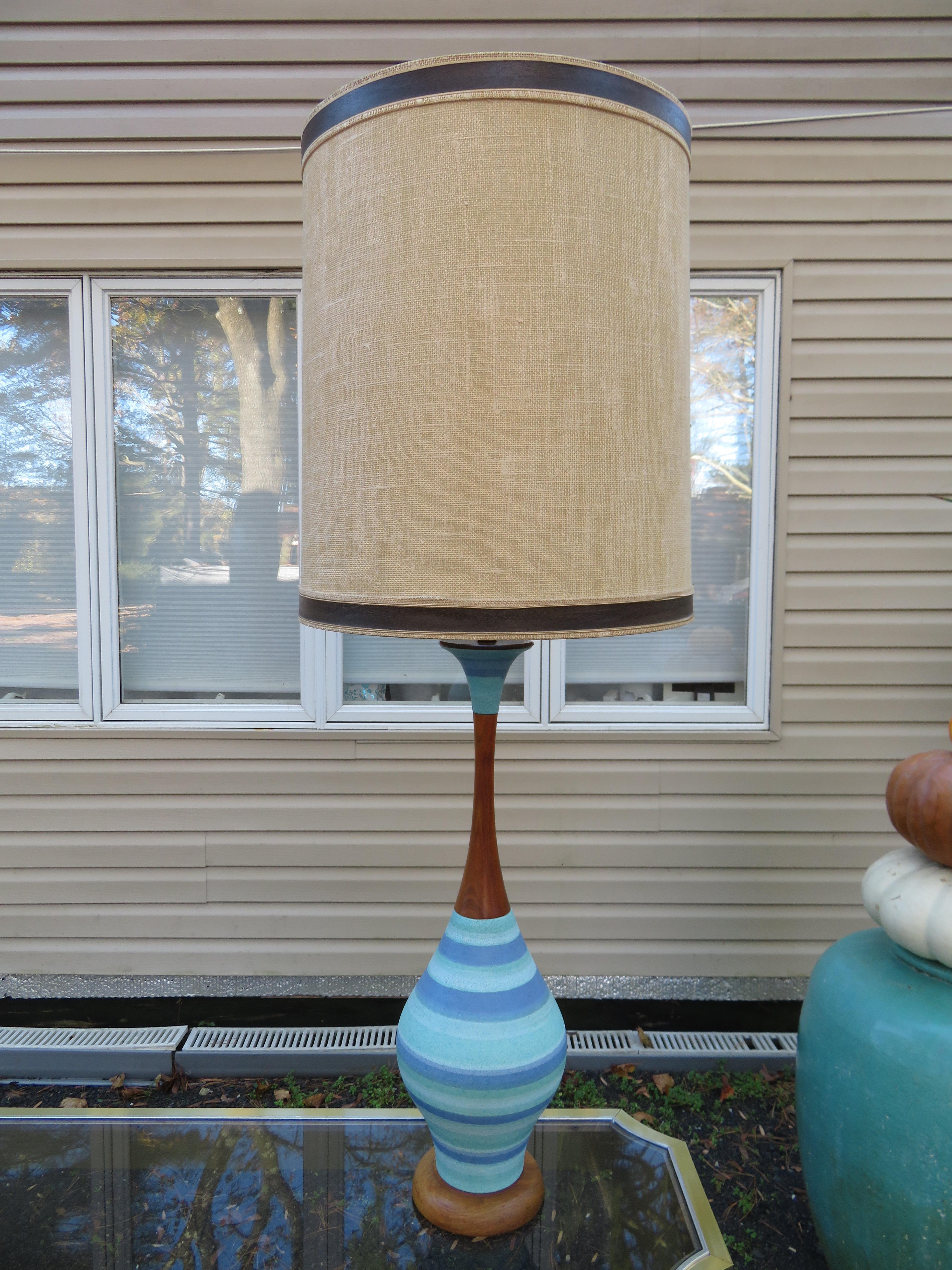 Fabulous Tall Striped Turquoise Blue Ceramic Lamp Walnut Mid-Century Modern For Sale 2