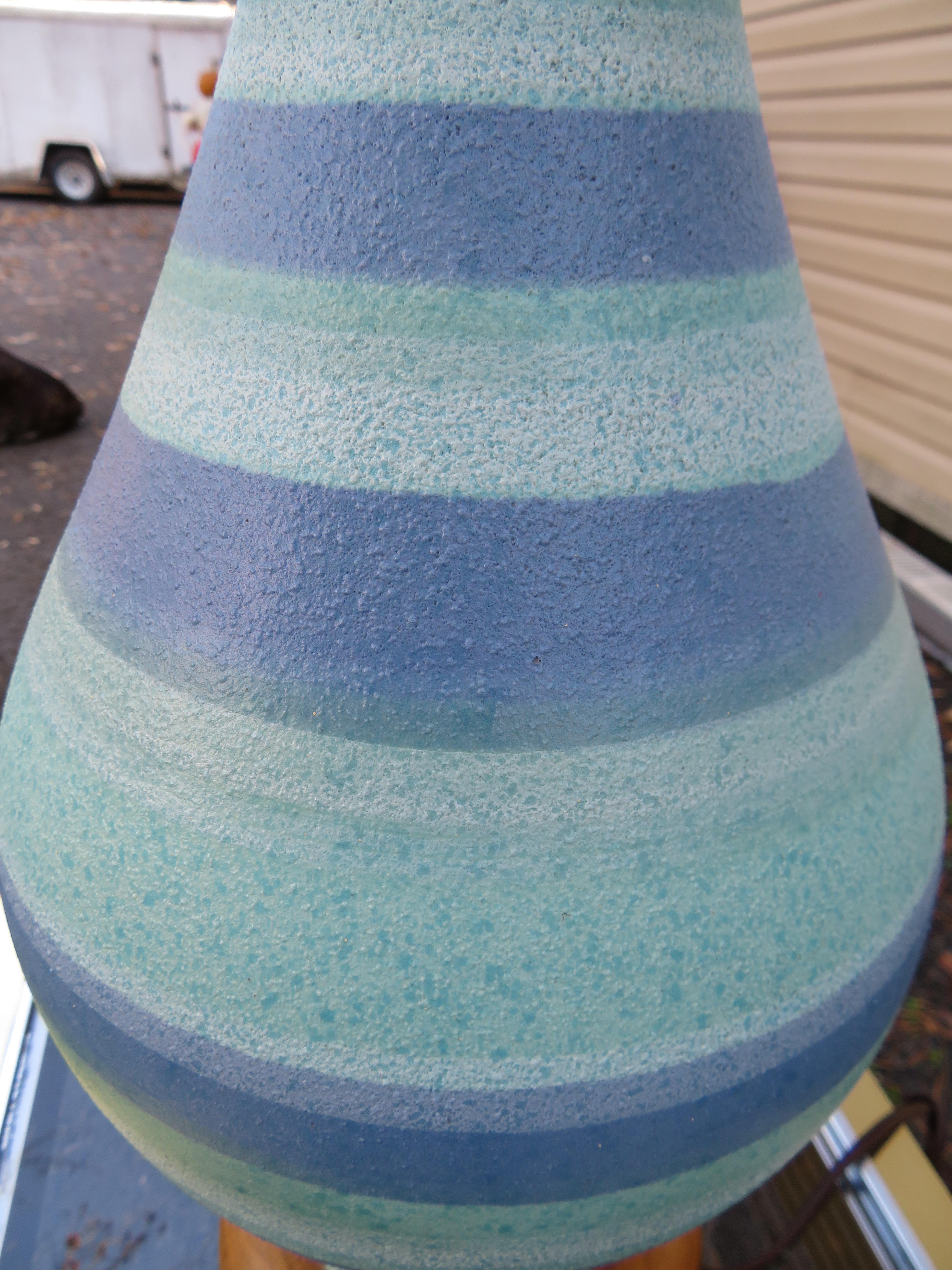 American Fabulous Tall Striped Turquoise Blue Ceramic Lamp Walnut Mid-Century Modern For Sale