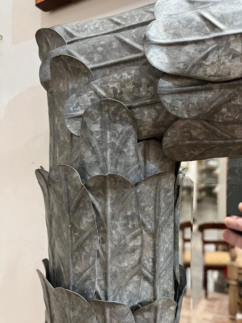 Hollywood Regency Fabulous Textured Zinc Palm Motif Mirror For Sale