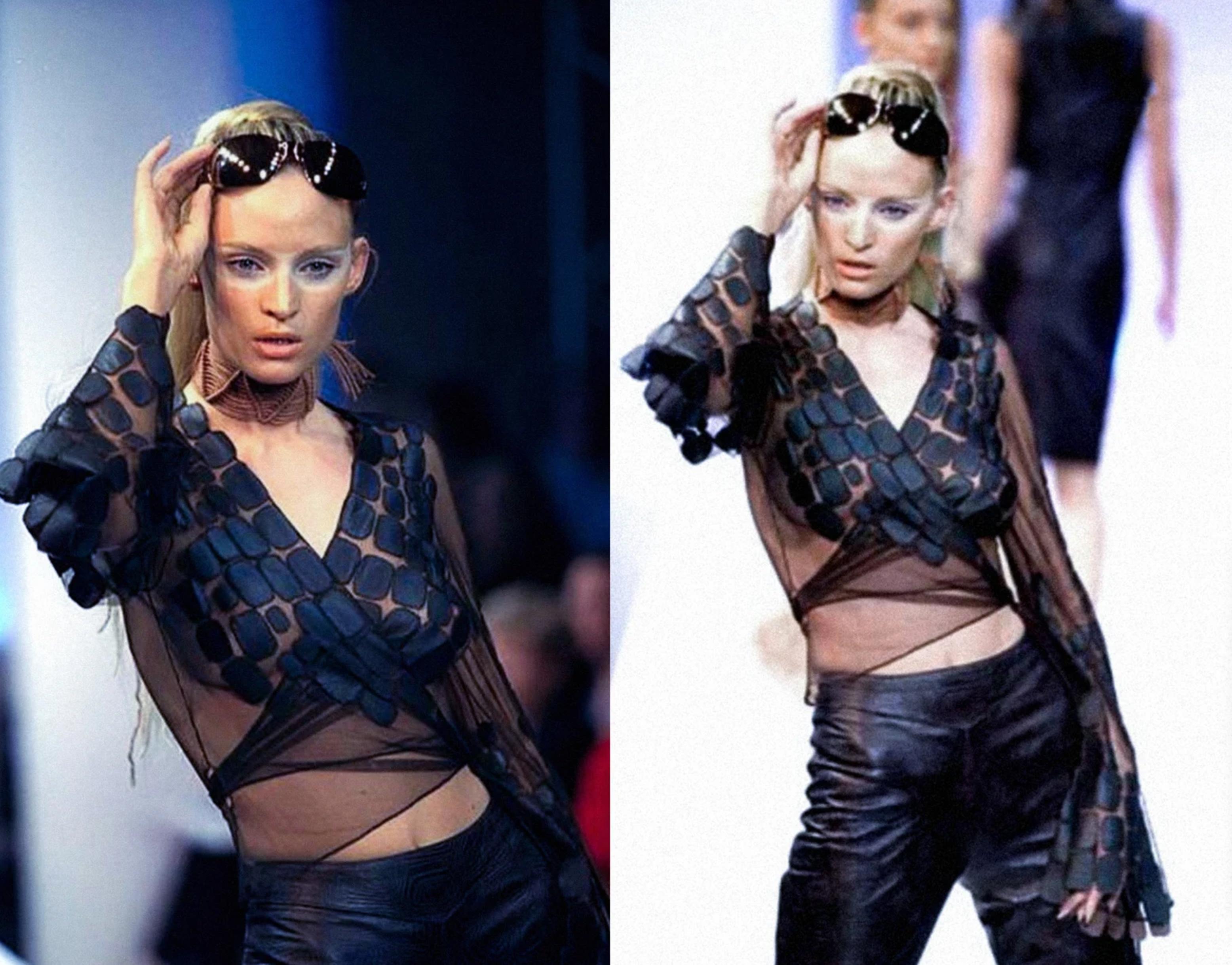 FABULOUS Thierry Mugler Couture SS 2001 Les Solaris Blouse Top Sheer Net Leather For Sale 3