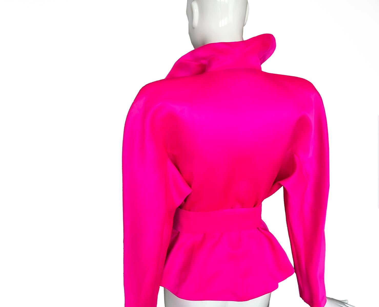Rare 1988 Thierry Mugler Collectos Piece.
HOT PINK Thierry Mugler Vision!  This colour is out if this world!!
The most dramatic hot pink silk blouse. Fabulous dramatic statement collar, wired inside to create the structural shape, deep V-neck and
