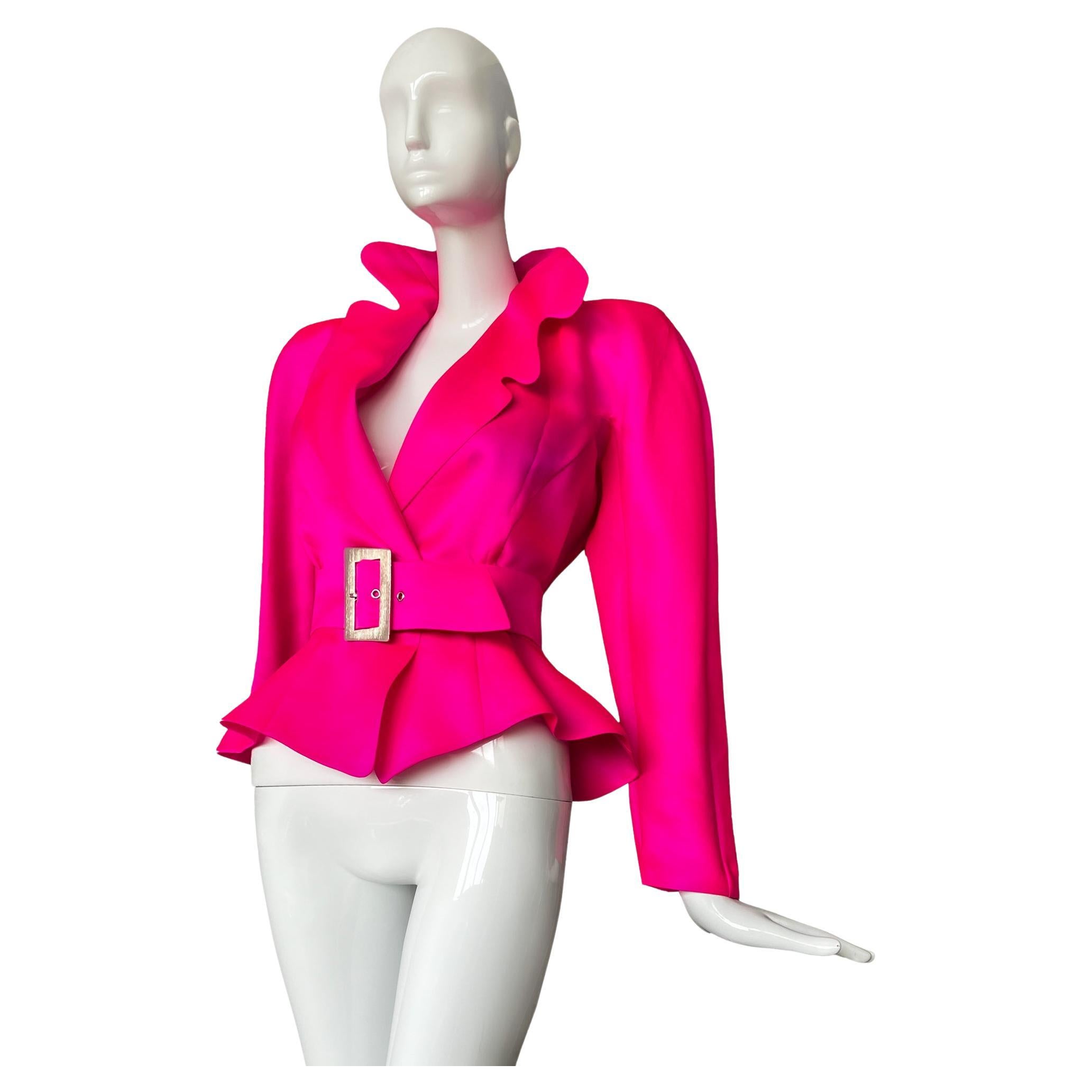 Fabulous Thierry Mugler Hot Pink Top Dramatic 1988 Blouse Jacket  For Sale
