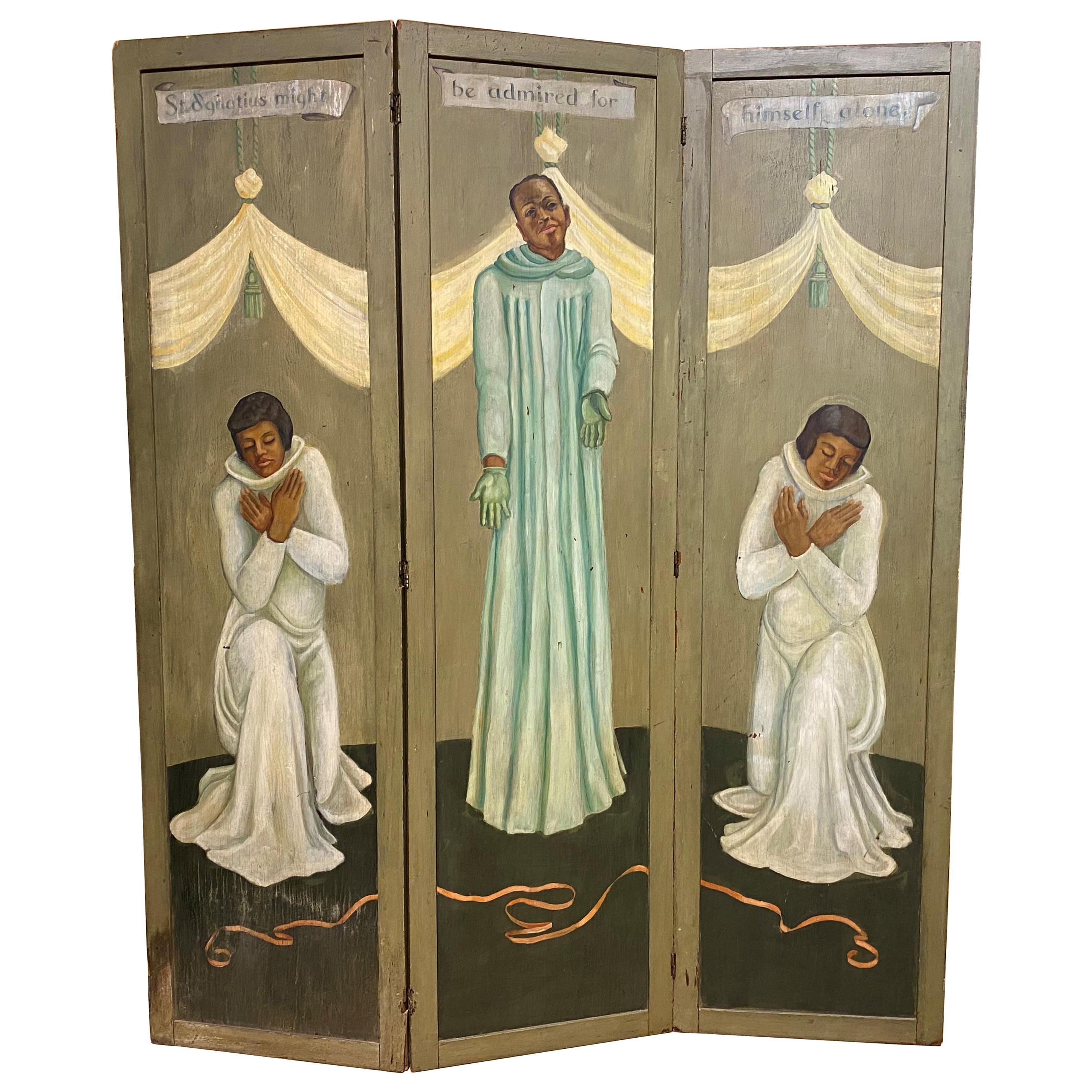 Fabulous Three Panel Floor Screen with Polychrome Decoration of  Saint Ignatius For Sale