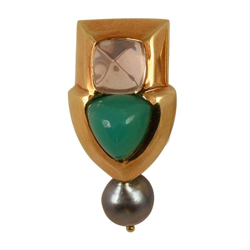 Contemporary Fabulous Tony Duquette Rose Quartz Chrysoprase Black Pearl Gold Earrings