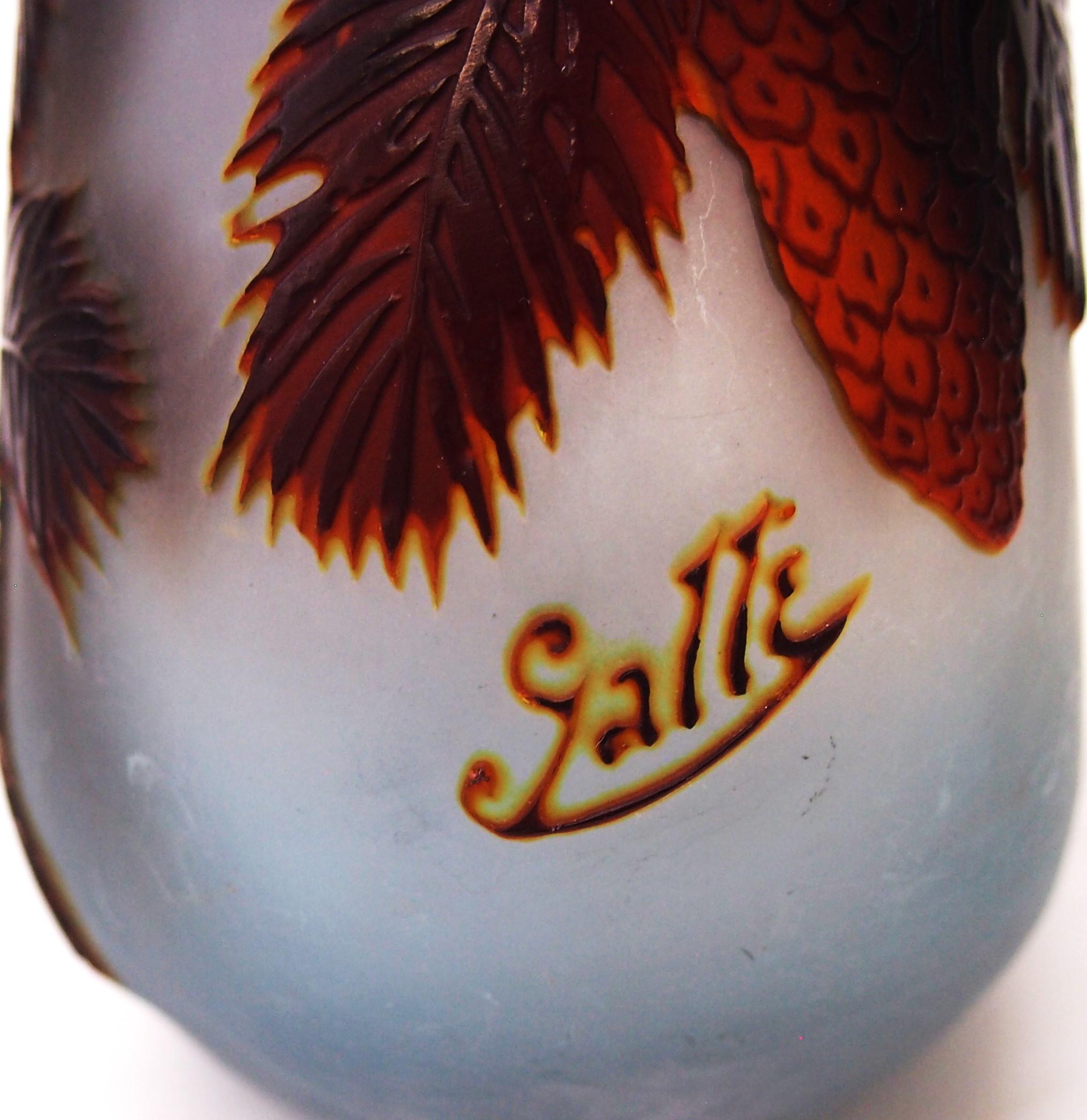 Art Deco Fabulous Triangular Emile Galle in blue and brown cameo vase with fircones c1925 For Sale