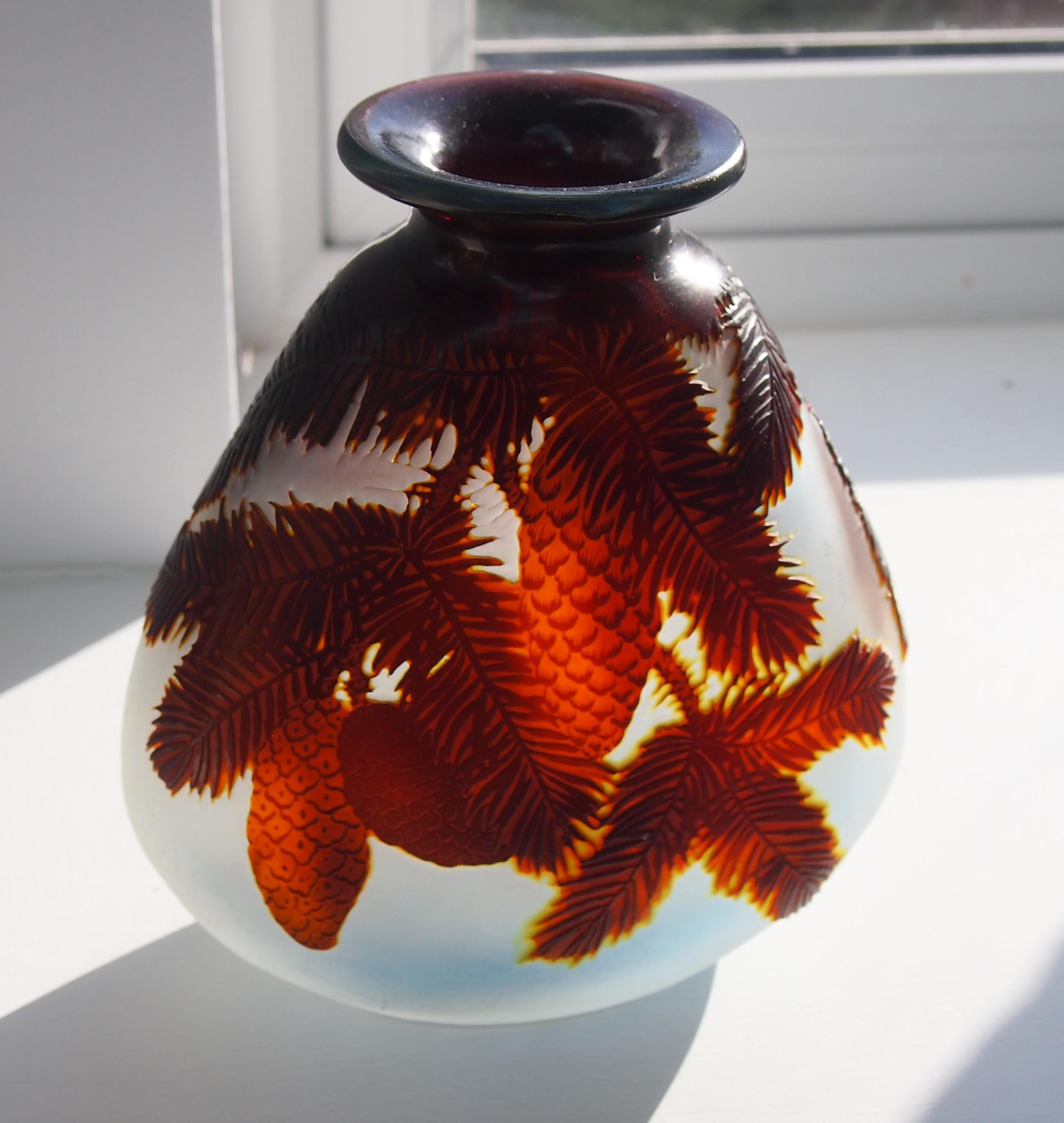 Fabulous Triangular Emile Galle in blue and brown cameo vase with fircones c1925 For Sale 1
