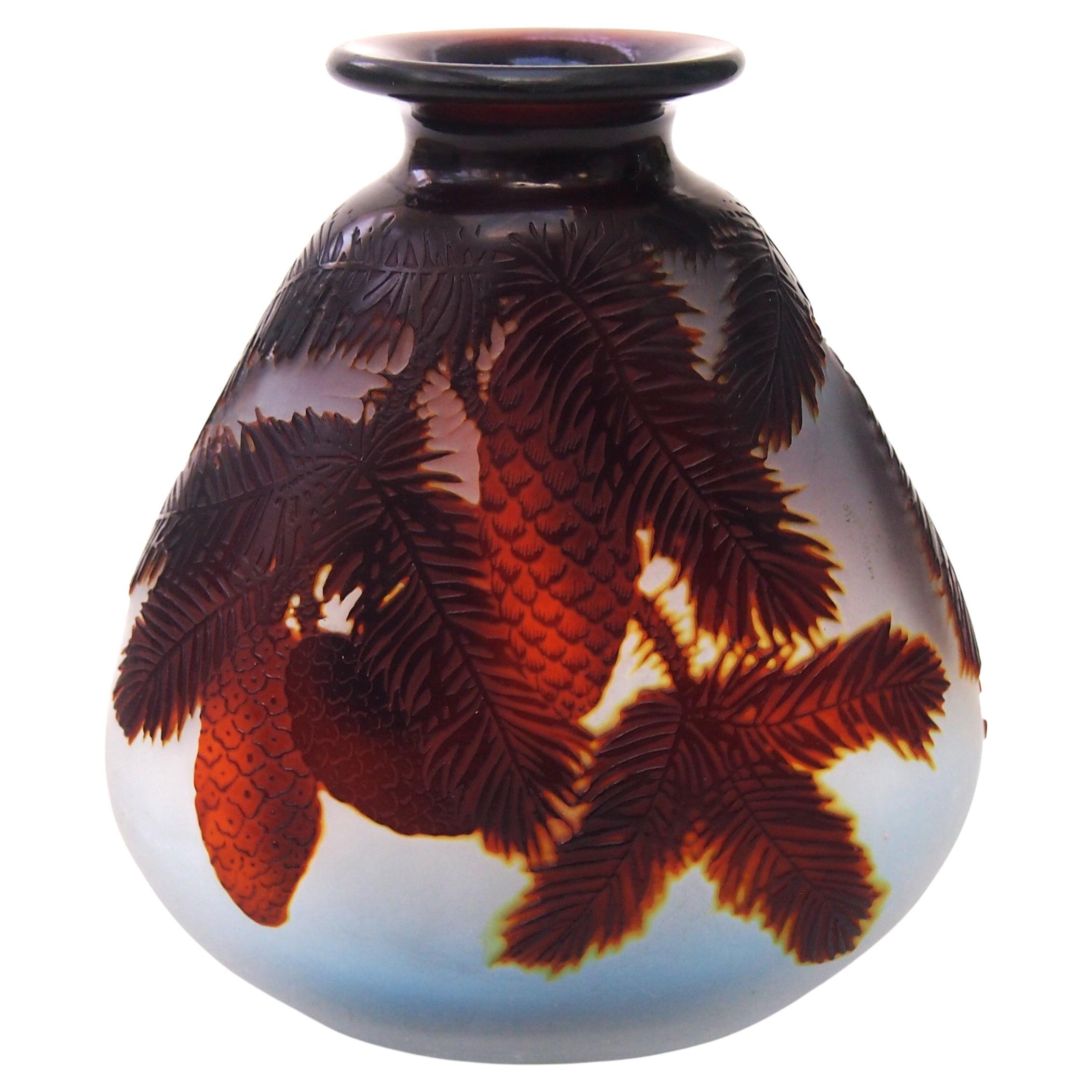 Fabulous Triangular Emile Galle in blue and brown cameo vase with fircones c1925 For Sale