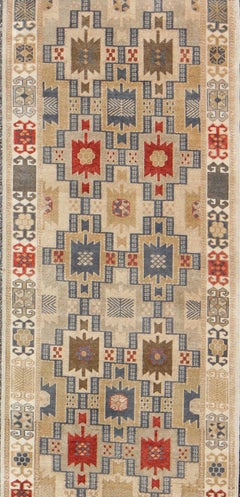Vintage Oushak Runner with Beige, Soft Blue, Red, and Taupe Geometric Design