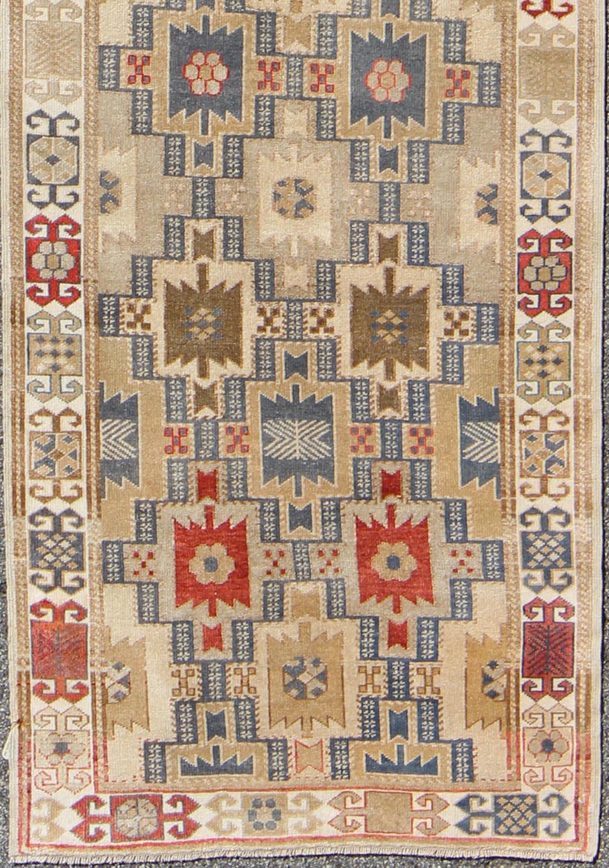 Hand-Knotted Fabulous Turkish Antique Oushak Runner with Geometric Motifs in Multi Colors For Sale