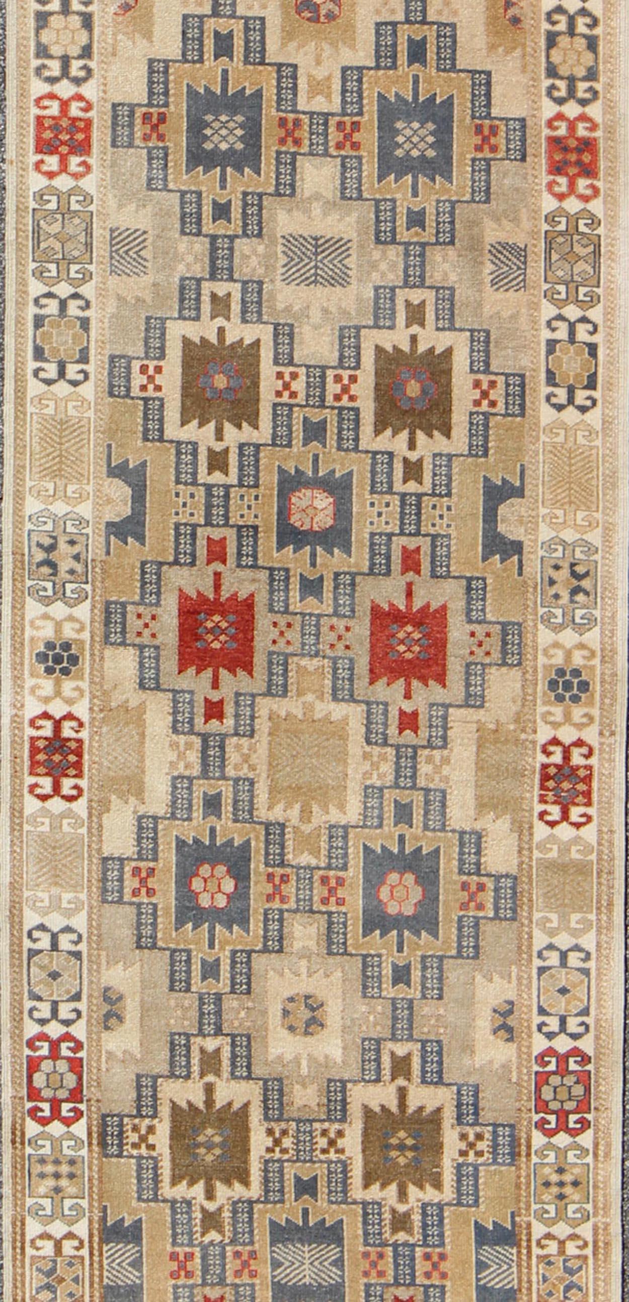Fabulous Turkish Antique Oushak Runner with Geometric Motifs in Multi Colors In Excellent Condition For Sale In Atlanta, GA