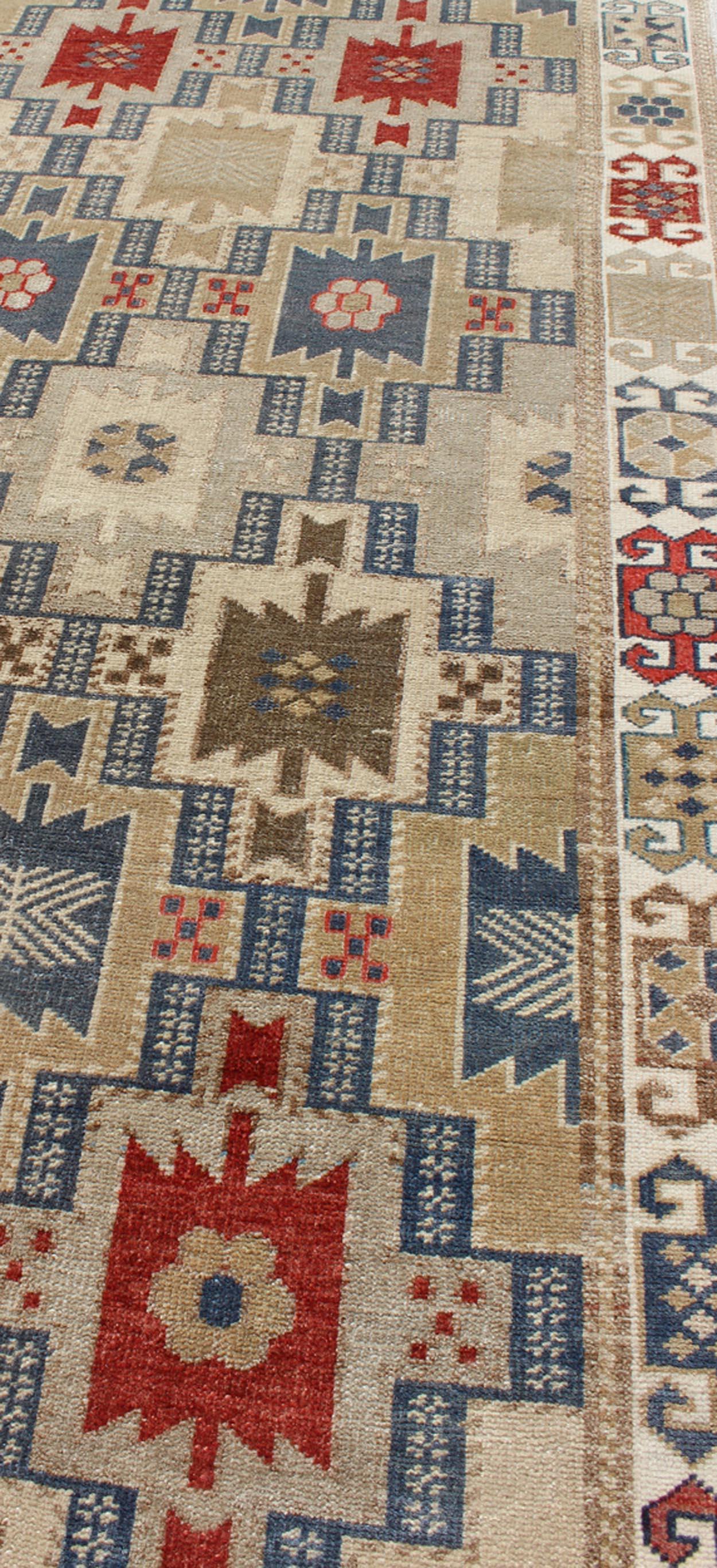 20th Century Fabulous Turkish Antique Oushak Runner with Geometric Motifs in Multi Colors For Sale
