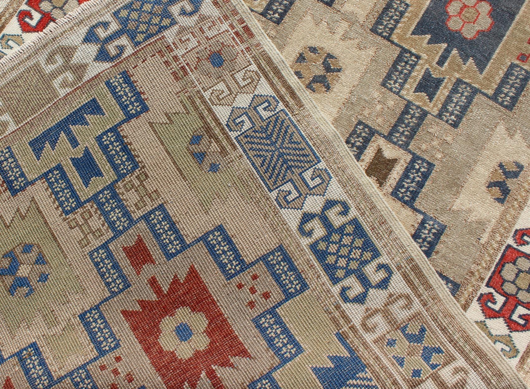 Wool Fabulous Turkish Antique Oushak Runner with Geometric Motifs in Multi Colors For Sale