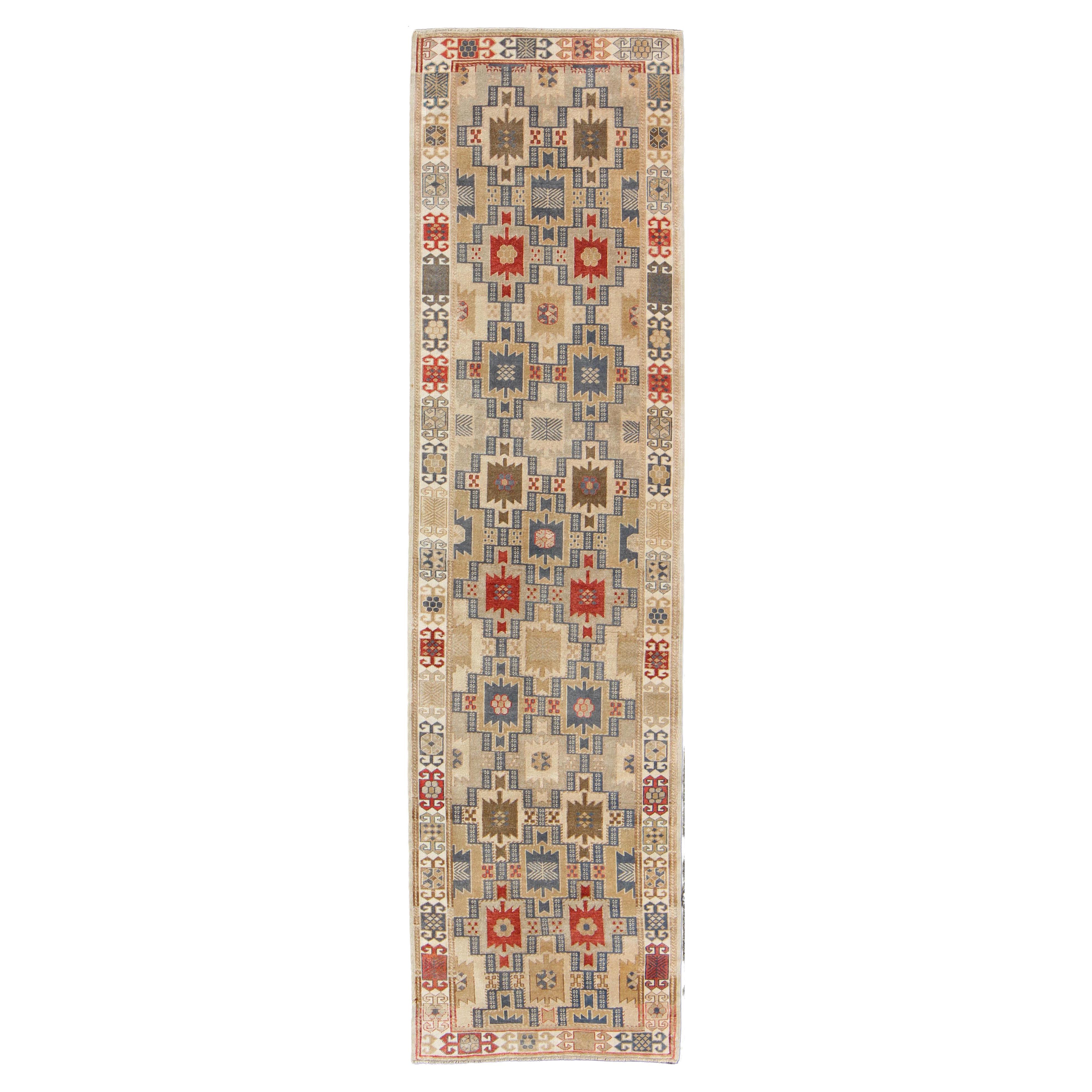 Fabulous Turkish Antique Oushak Runner with Geometric Motifs in Multi Colors
