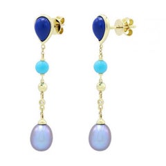 Fabulous Turquoise Lapis Lazuli Mother of Pearl Gold Diamond Earrings for Her