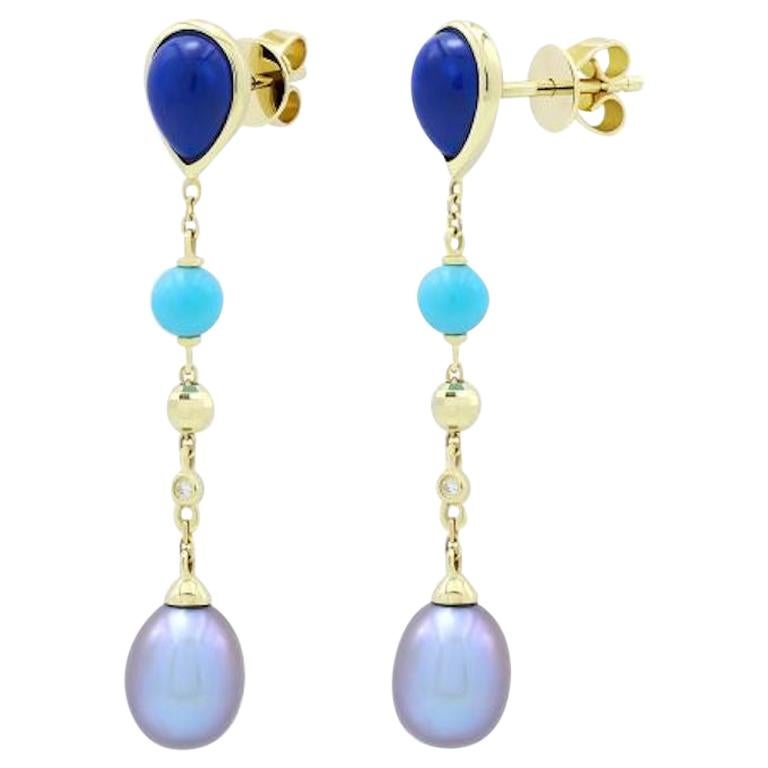 Fabulous Turquoise Lapis Lazuli Mother of Pearl Gold Diamond Earrings for Her For Sale