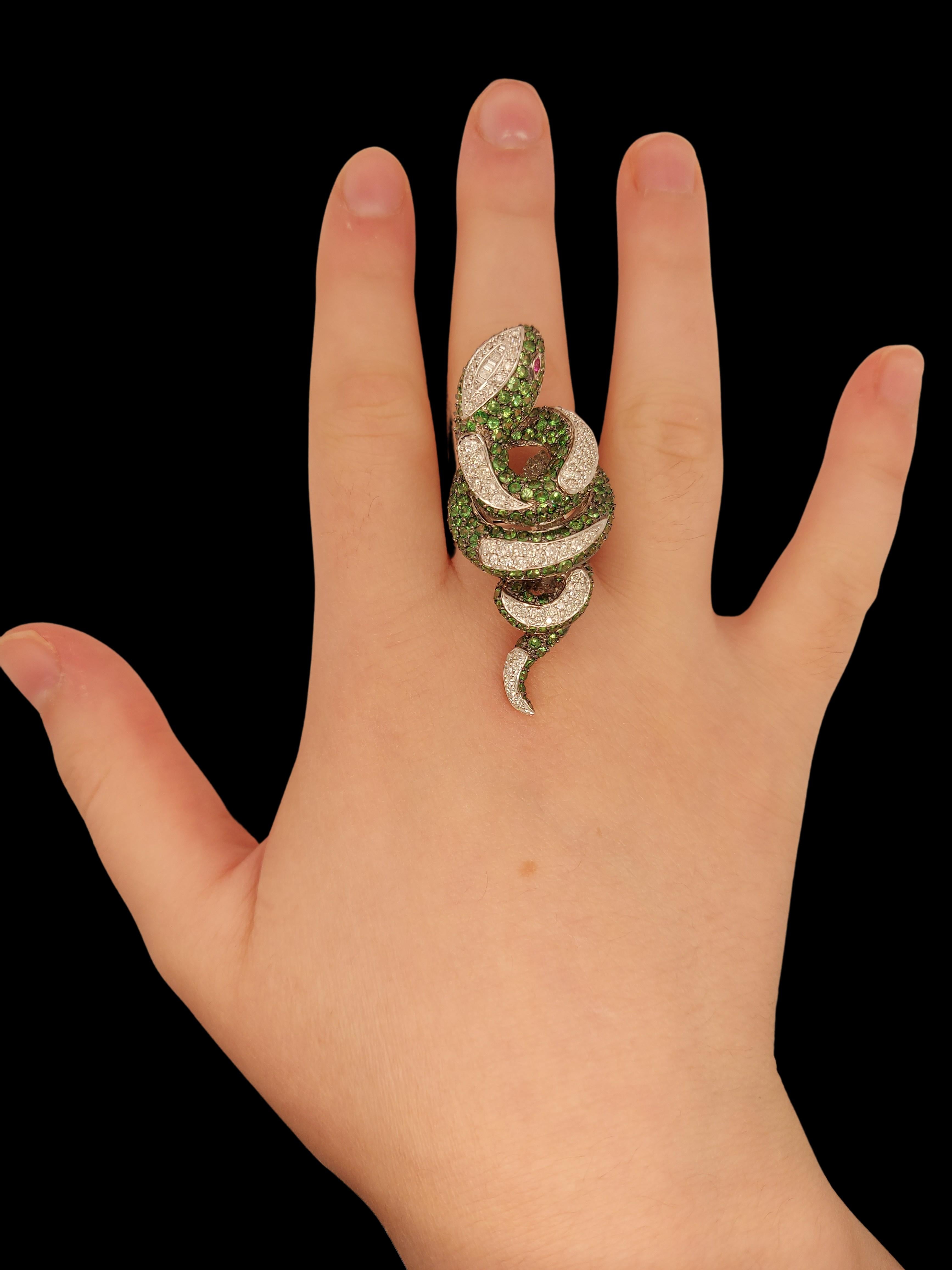 Women's or Men's Fabulous Twirl Snake Ring in 18kt White Gold Set with Diamonds, Tsavorite, Ruby For Sale