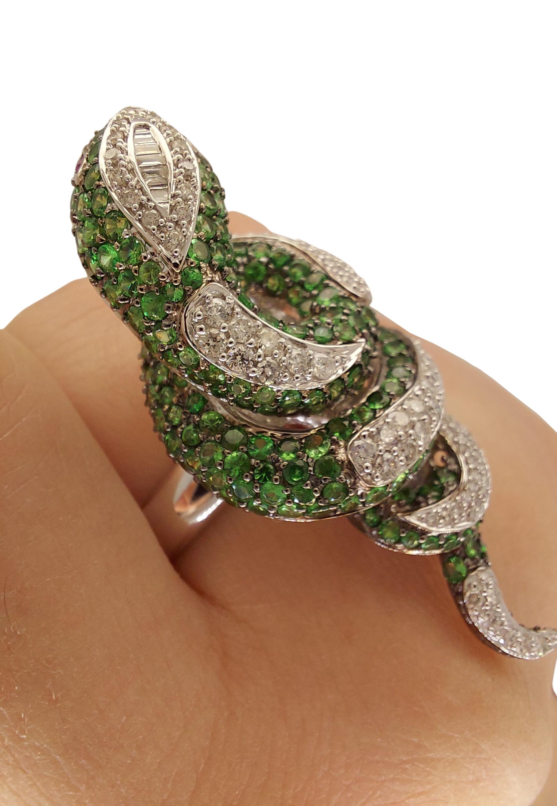 Fabulous Twirl Snake Ring in 18kt White Gold Set with Diamonds, Tsavorite, Ruby For Sale 1