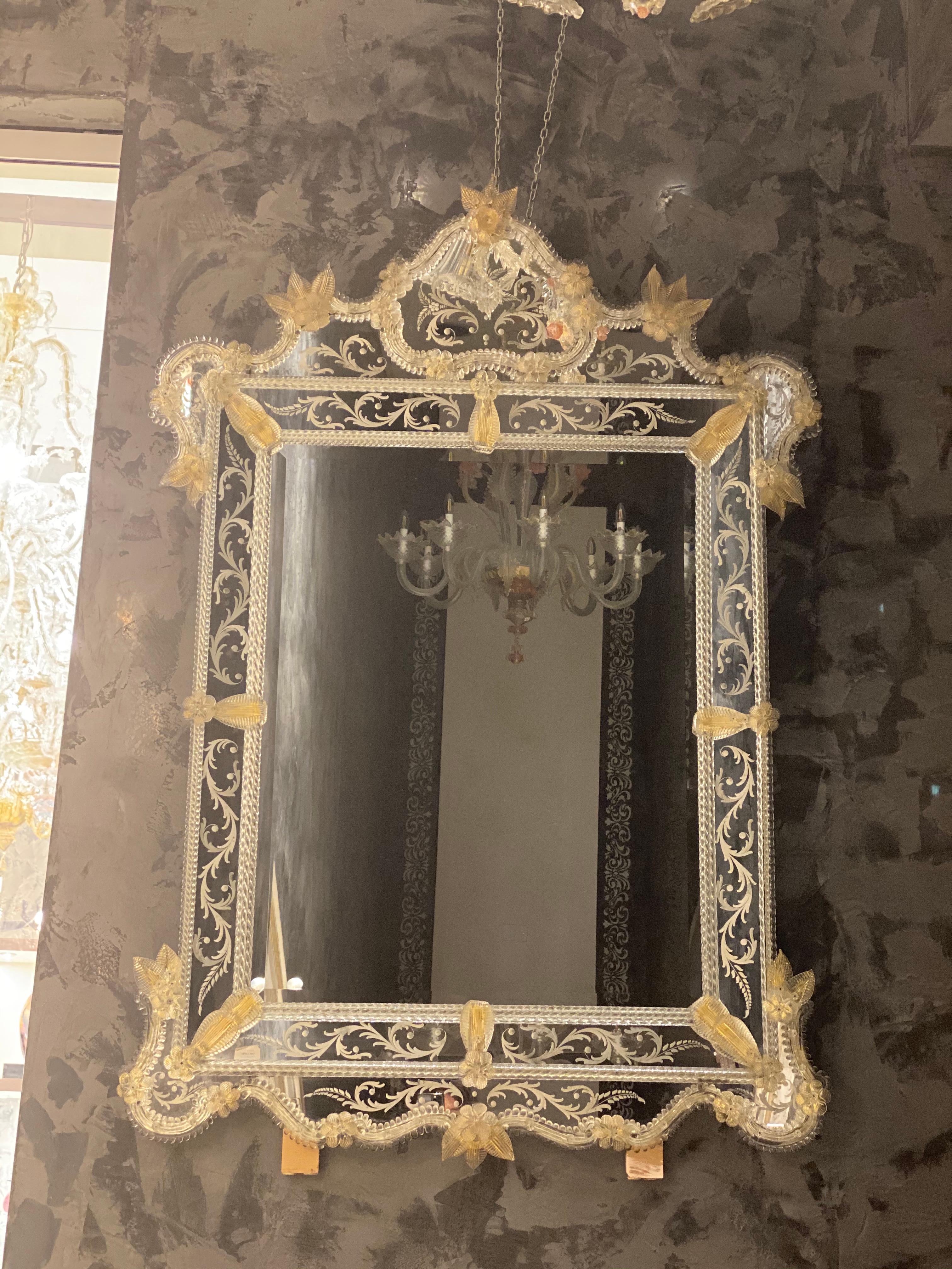 Modern Fabulous Venetian Etched Murano Glass Mirror For Sale