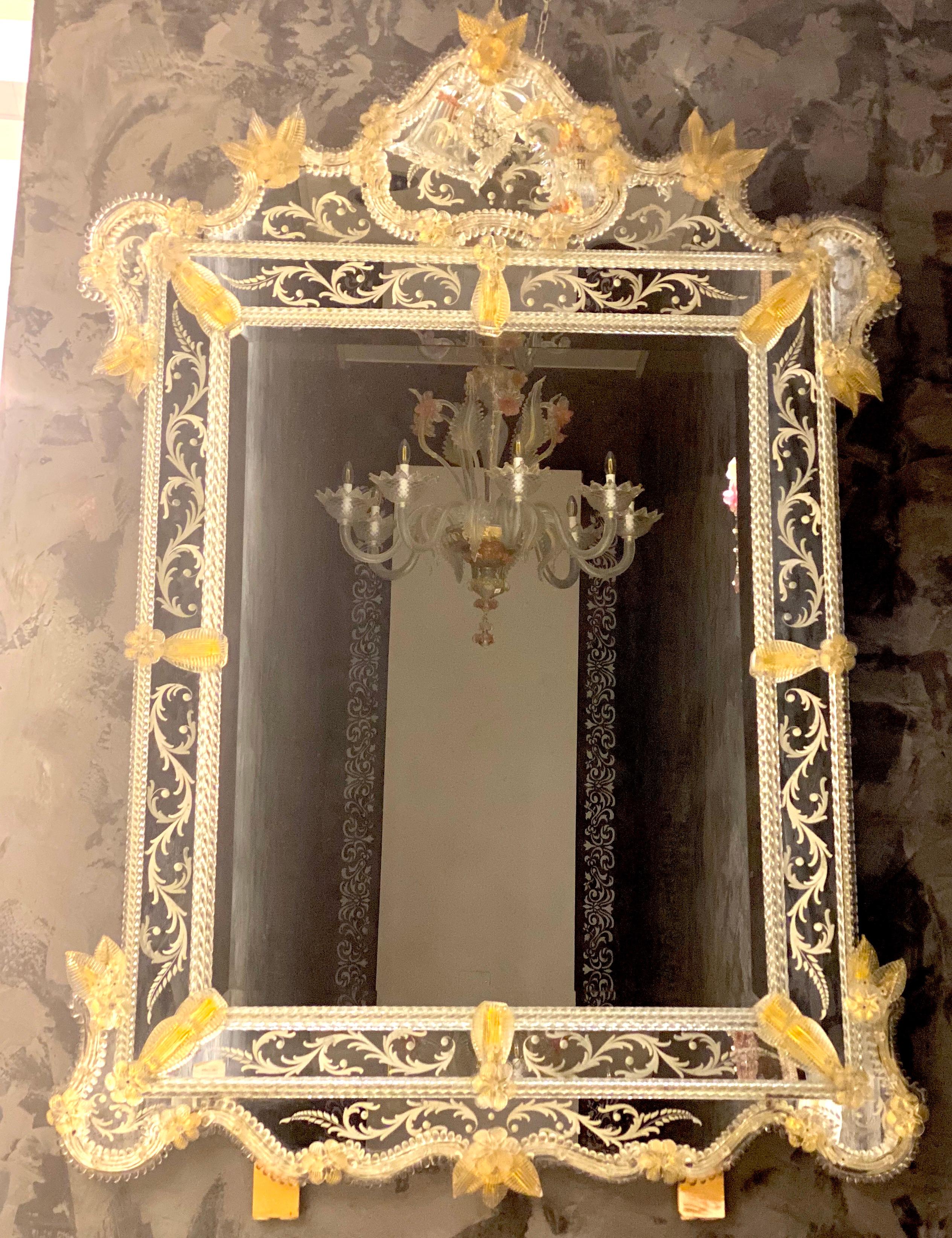 Blown Glass Fabulous Venetian Etched Murano Glass Mirror For Sale