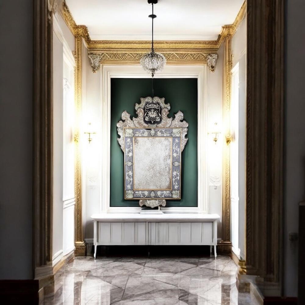 Fabulous Venetian Liberty Etched Murano Glass Mirror en venta 1