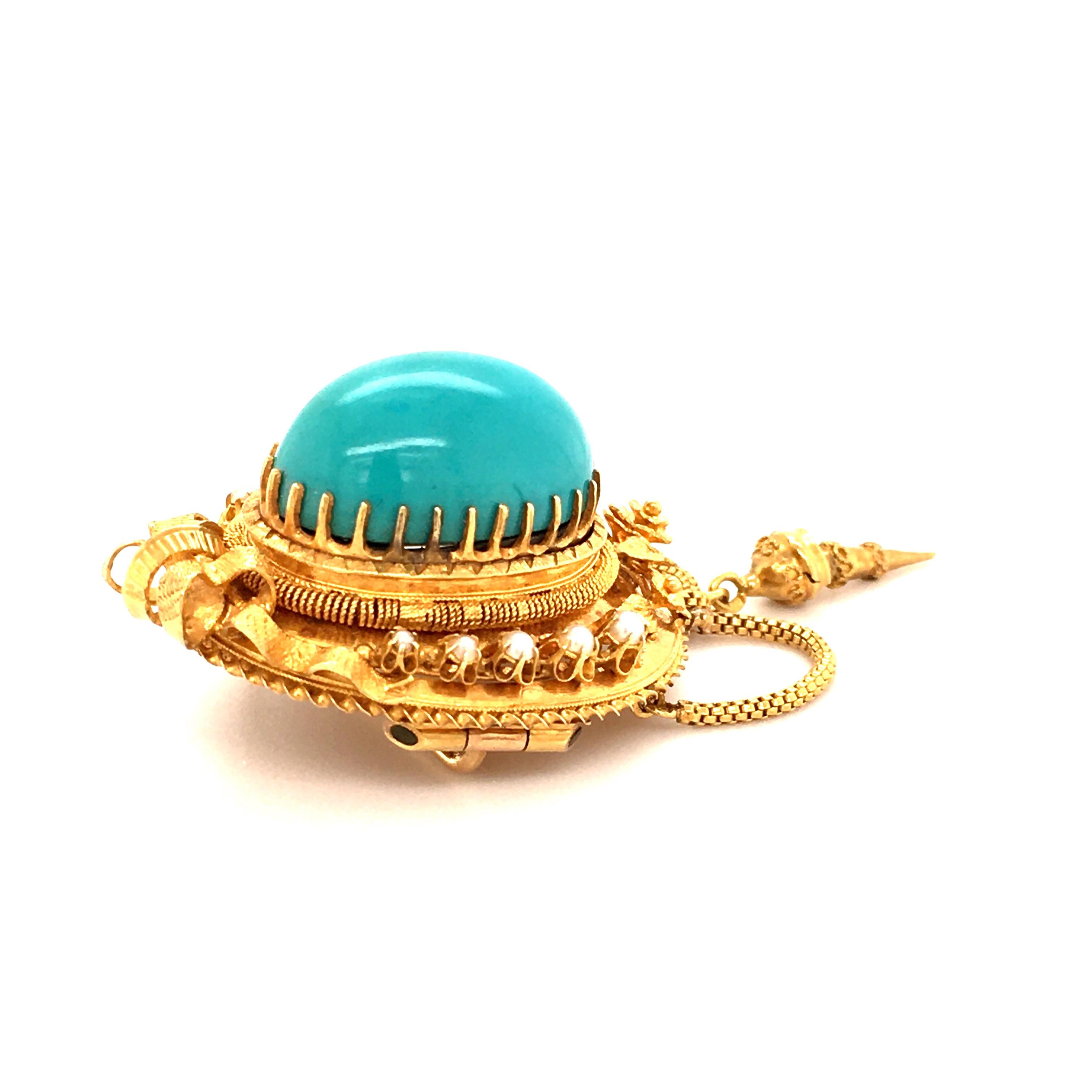 Cabochon Fabulous Victorian Turquoise and Natural Pearl Brooch