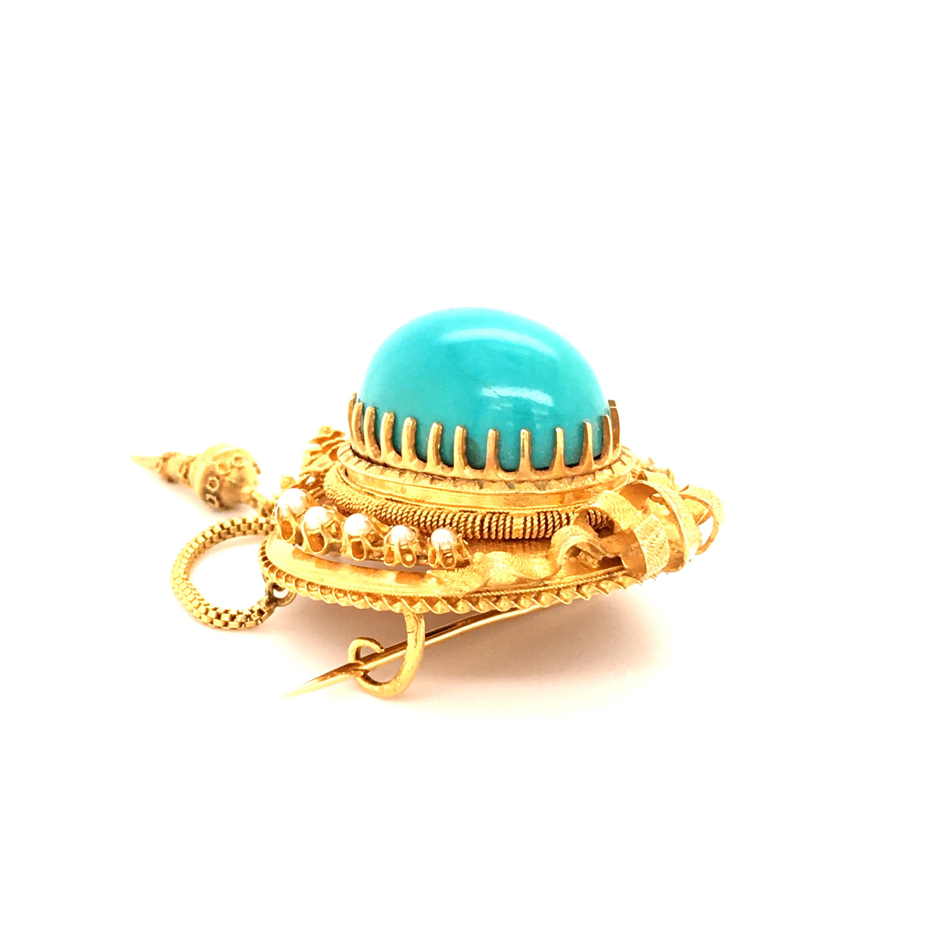 Fabulous Victorian Turquoise and Natural Pearl Brooch In Good Condition In Lucerne, CH