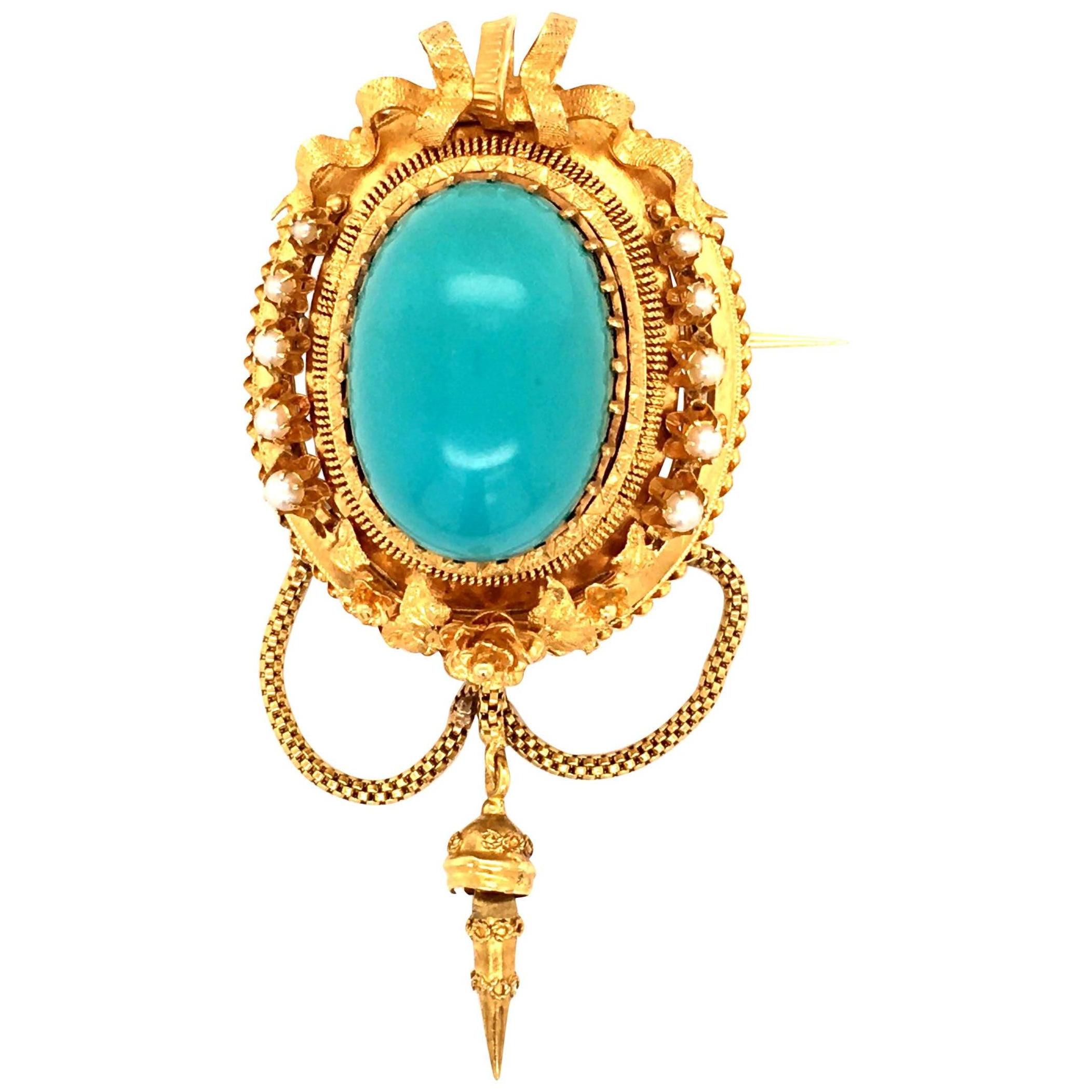 Fabulous Victorian Turquoise and Natural Pearl Brooch