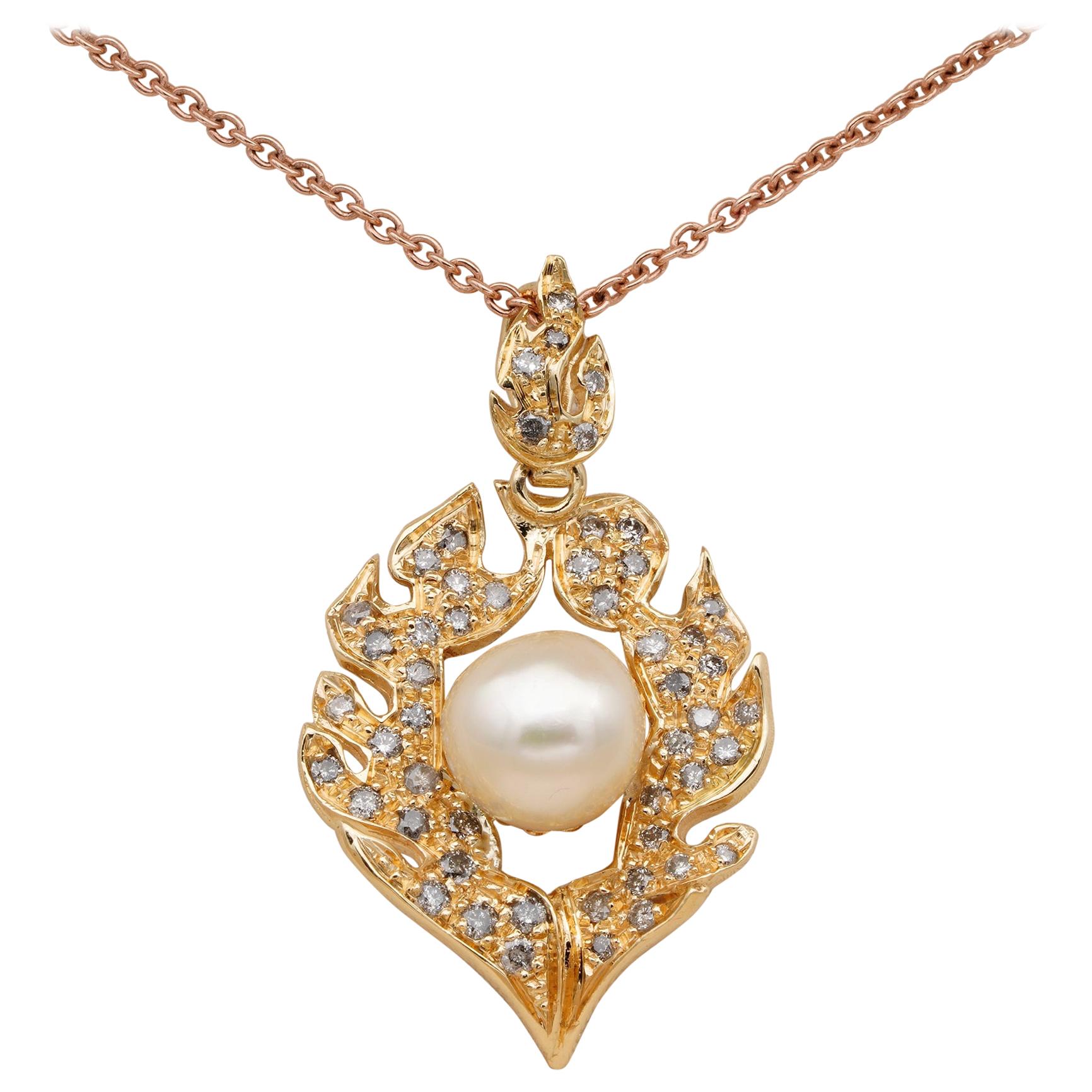 Fabulous Vintage .80 Carat Orange Brown Diamond Flamed Pearl Pendant Chain For Sale